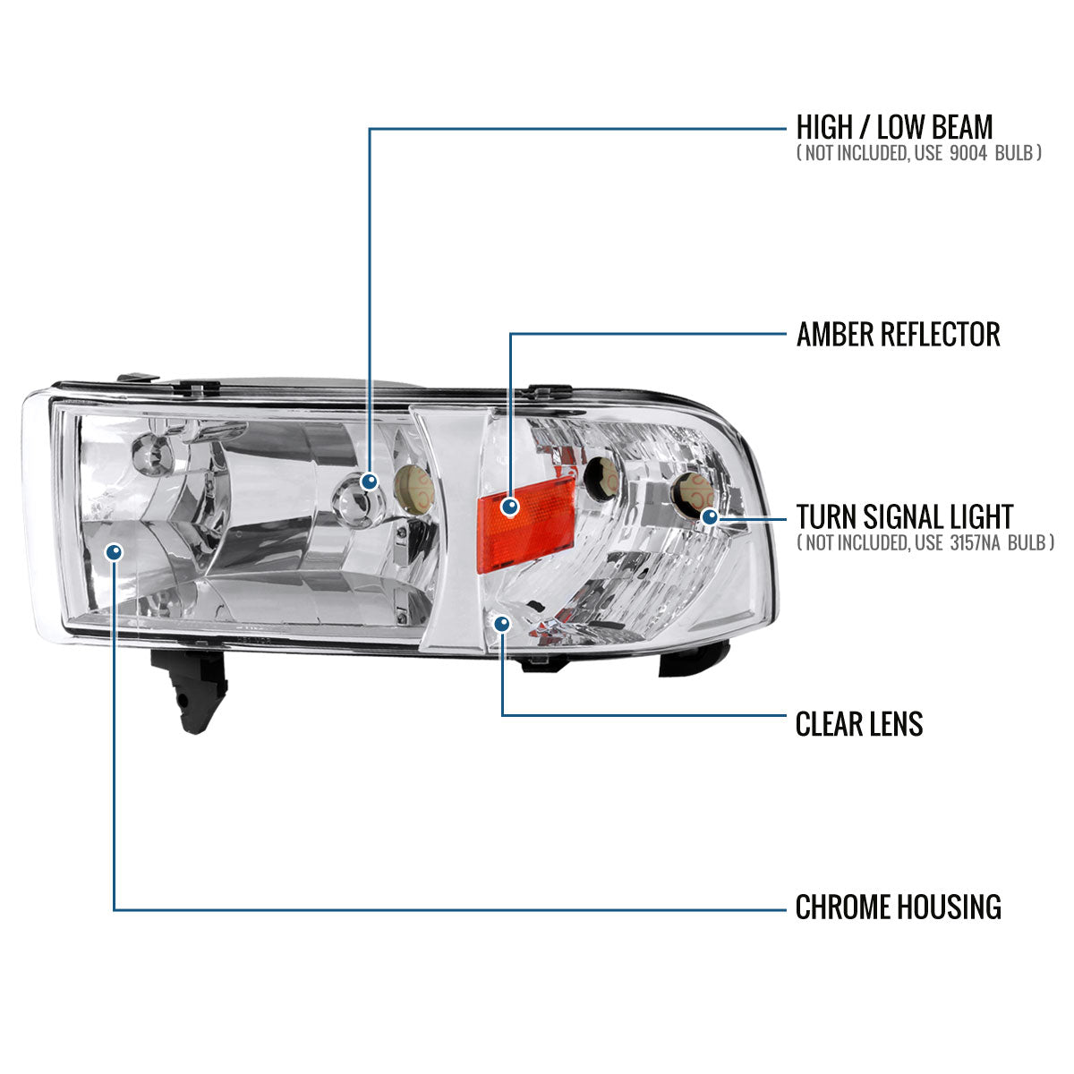Ronnin - Fits 1994-2002 Dodge Ram 1500 2500 3500 All-in One Factory Replacement Headlights + Corner Signal Lamps Assembly Pair | Chrome
