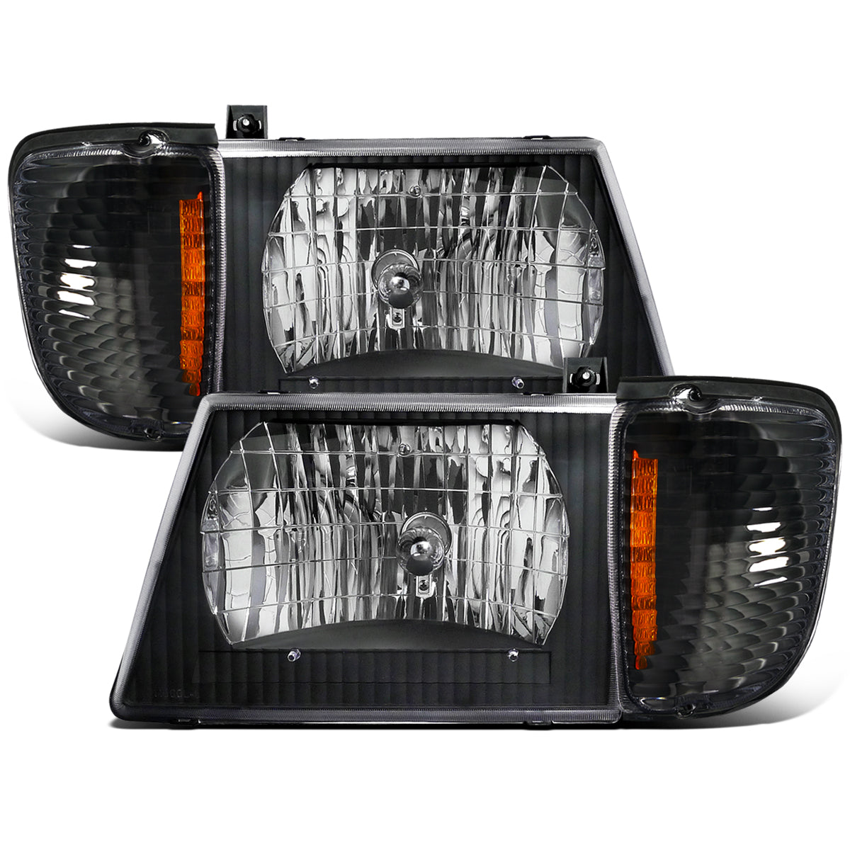 Ronnin - Fits 1992-2006 Ford Econoline E-Series Cargo Van Factory Headlights + Corner Parking Signal Lamps Replacement Assembly Pair | Black