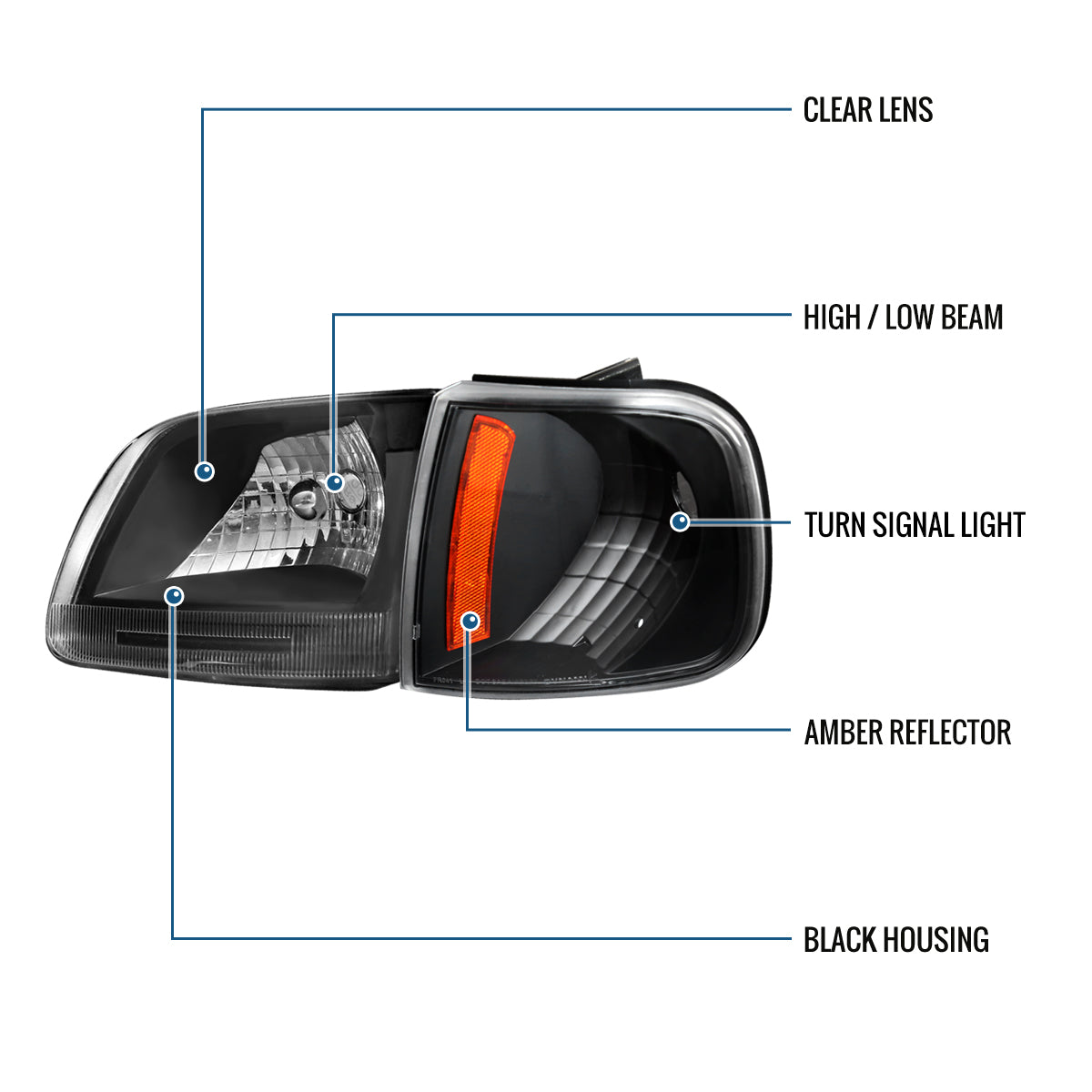 Ronnin - Fits 1997-2004 Ford F150 Expedition Headlights + Corner Parking Signal Lamps Replacement Assembly Pair | Black