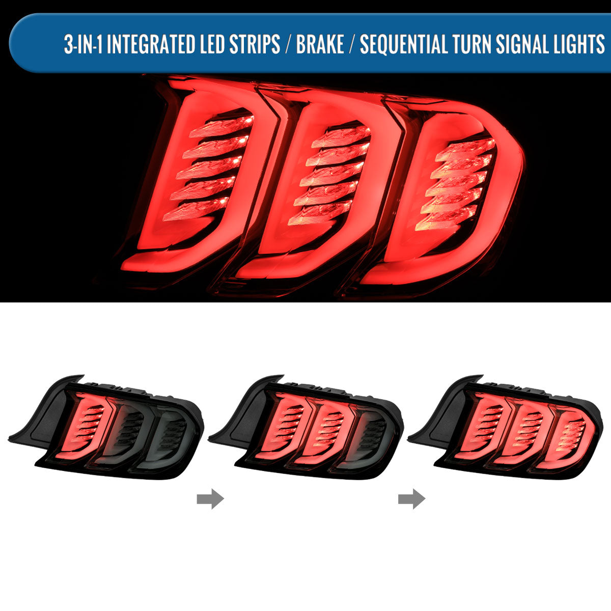 Ronnin - Fits 2015-2023 Ford Mustang Coupe Convertible Full LED Tail Lights Integrated Sequential Signal and Brake Lamps Upgraded Replacement Pair | Black Smoke