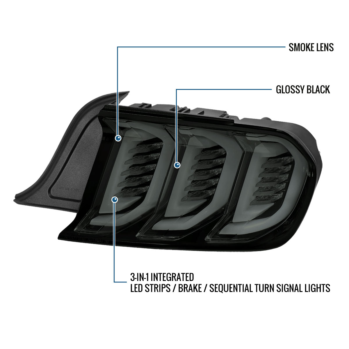 Ronnin - Fits 2015-2023 Ford Mustang Coupe Convertible Full LED Tail Lights Integrated Sequential Signal and Brake Lamps Upgraded Replacement Pair | Black Smoke