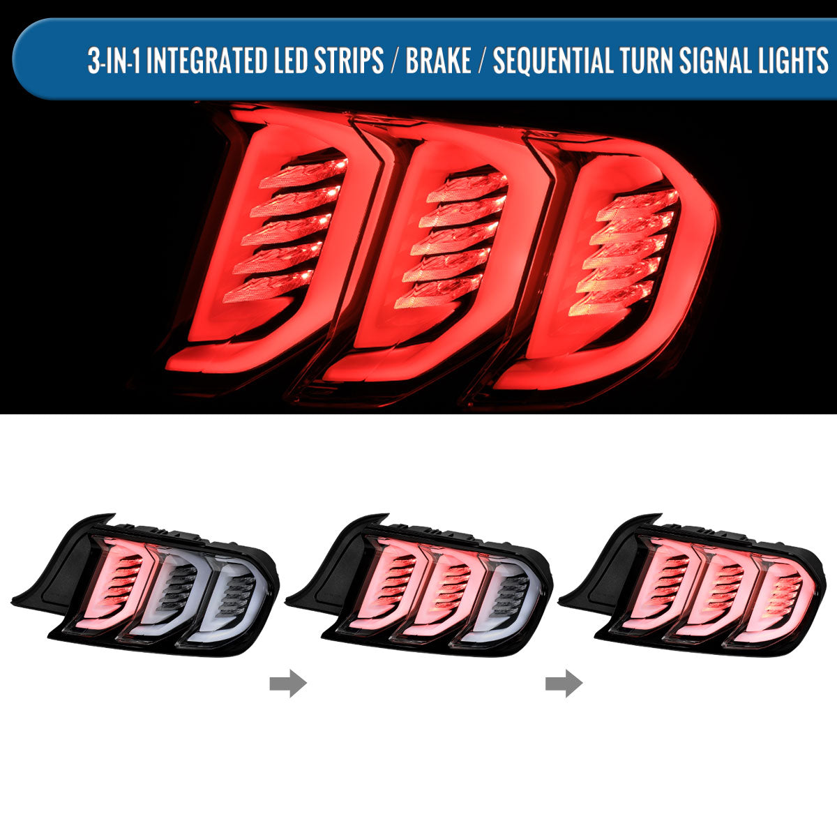 Ronnin - Fits 2015-2023 Ford Mustang Coupe Convertible Full LED Tail Lights Integrated Sequential Signal and Brake Lamps Upgraded Replacement Pair | Glossy Black