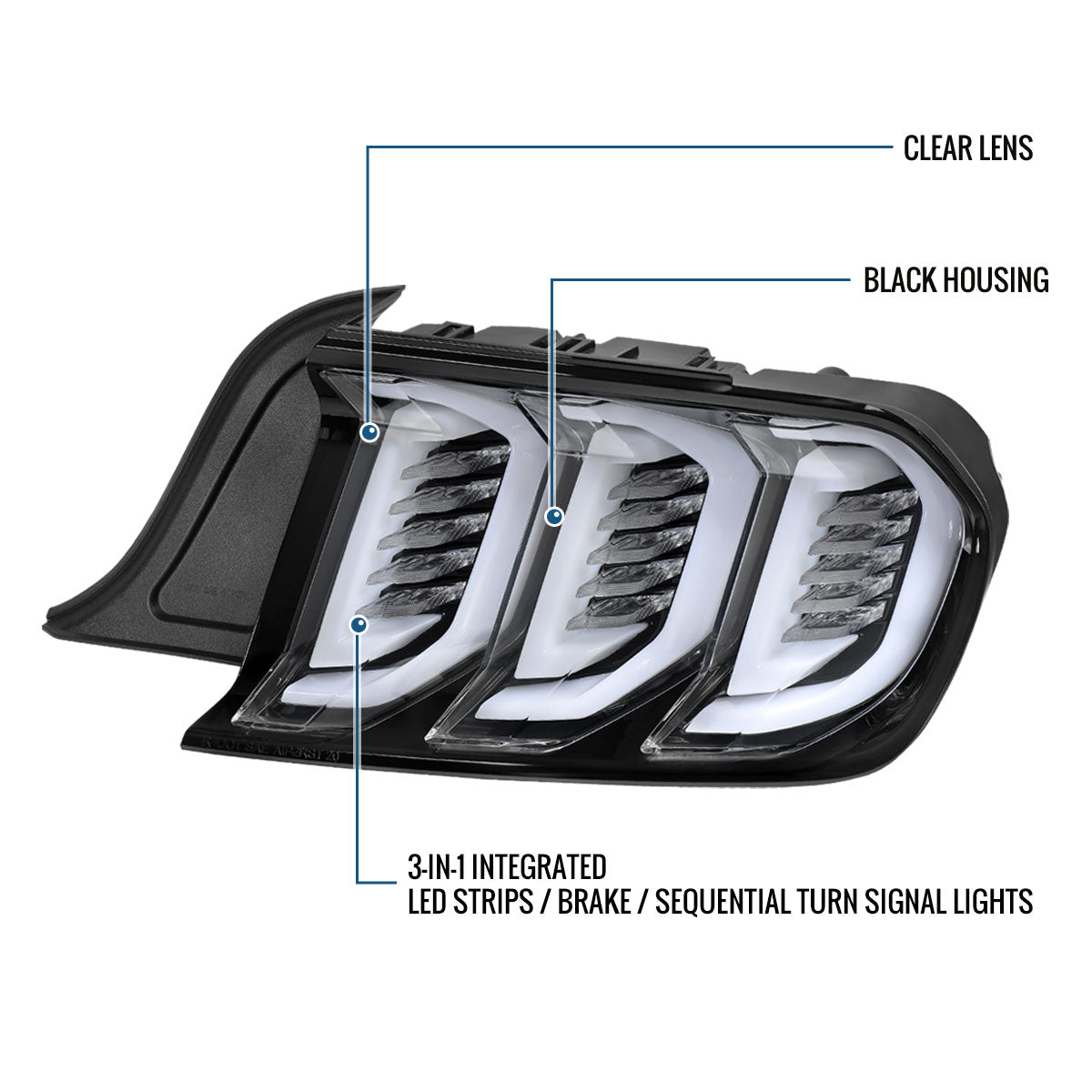 Ronnin - Fits 2015-2023 Ford Mustang Coupe Convertible Full LED Tail Lights Integrated Sequential Signal and Brake Lamps Upgraded Replacement Pair | Glossy Black