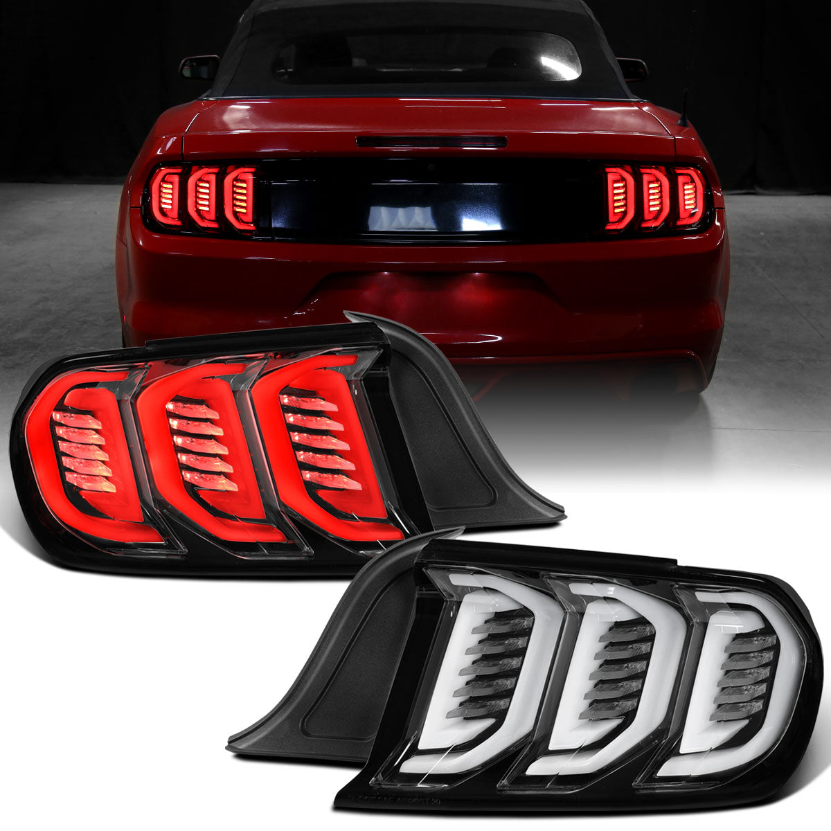 Ronnin - Fits 2015-2023 Ford Mustang Coupe Convertible Full LED Tail Lights Integrated Sequential Signal and Brake Lamps Upgraded Replacement Pair | Glossy Black