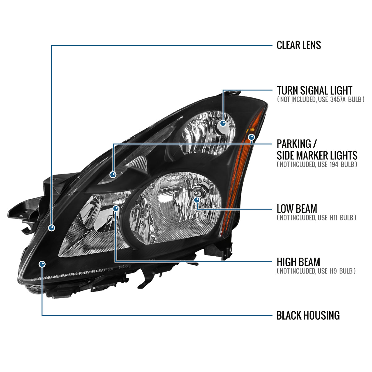 Ronnin - Fits 2010-2012 Nissan Altima Sedan Factory Replacement Halogen Headlights Assembly Pair | Black