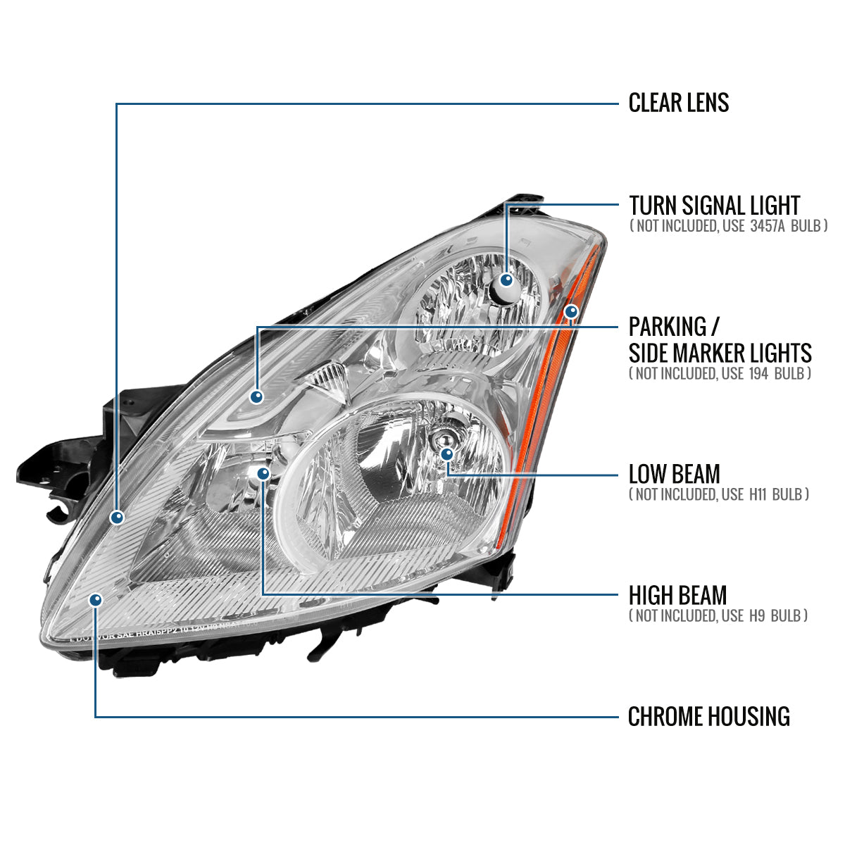 Ronnin - Fits 2010-2012 Nissan Altima Sedan Factory Replacement Halogen Headlights Assembly Pair | Chrome | Driver Side