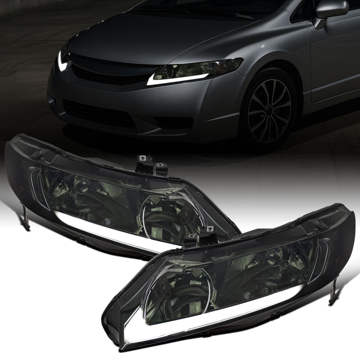 Ronnin - Fits 2006-2011 Honda Civic 4-Door Sedan LED Tube Running Lights Headlights Replacement Assembly Pair | Smoke