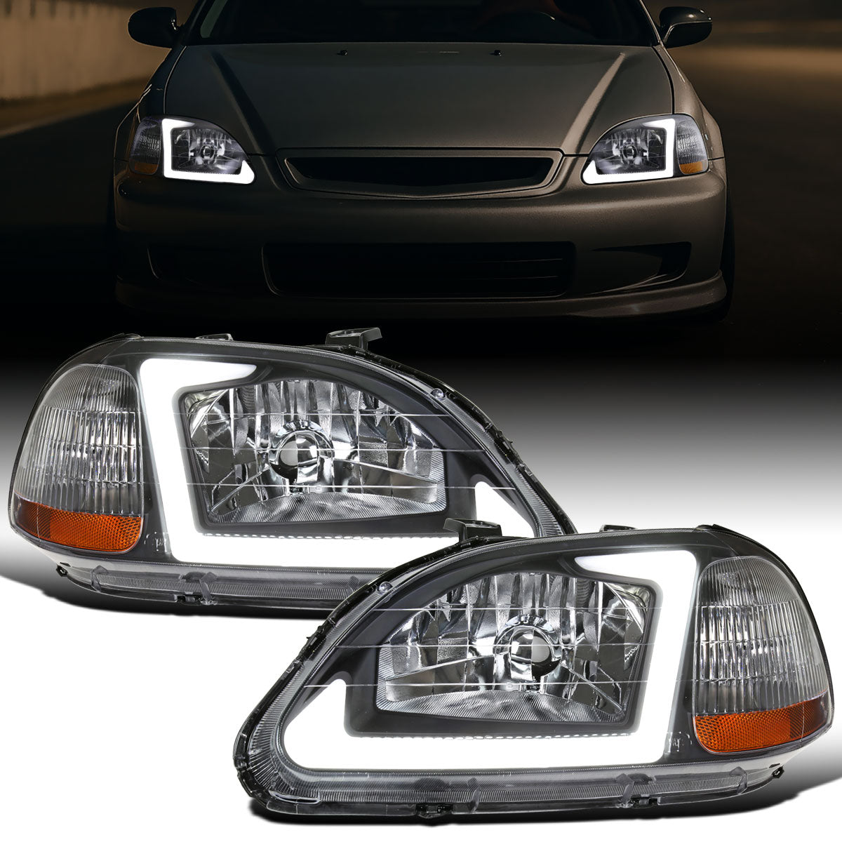 Ronnin - Fits 1996-1998 Honda Civic Upgraded LED Tube Running Lights Headlights Replacement Assembly Pair | Black