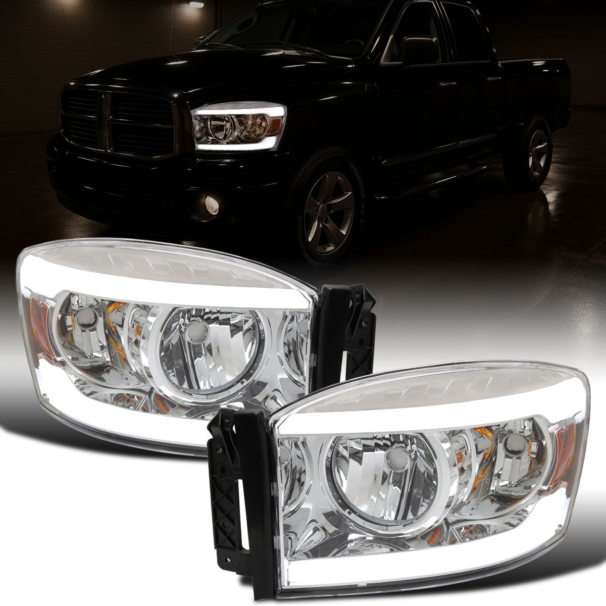 Ronnin - Fits 2006-2009 Dodge Ram 1500 2500 3500 Upgraded LED Tube Running Lights Headlights Replacement Assembly Pair | Chrome