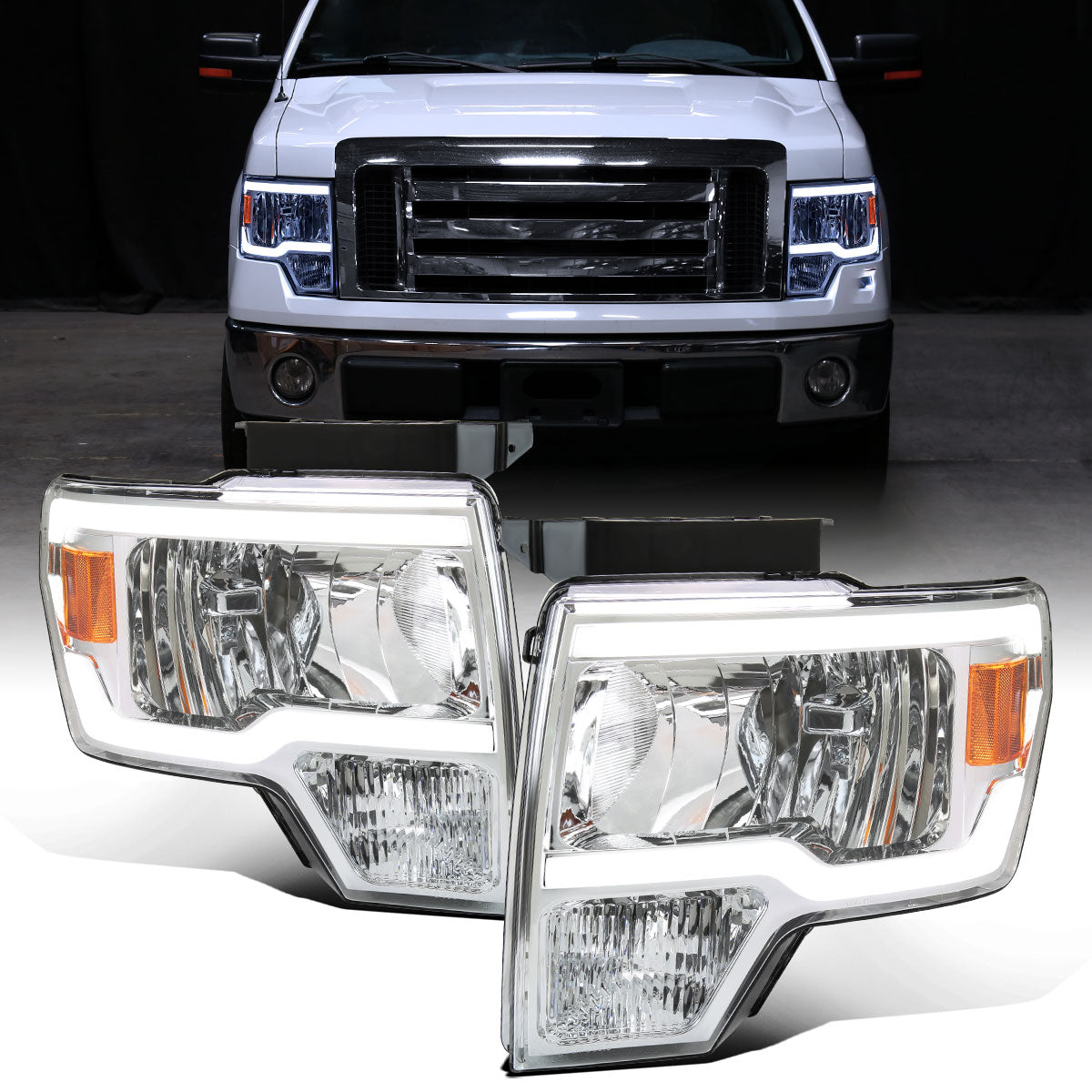 Ronnin - Fits 2009-2014 Ford F150 Upgraded LED Running Tube Lights Headlights Replacement Assembly Pair | Chrome