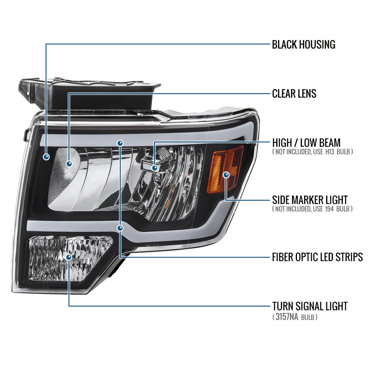 Ronnin - Fits 2009-2014 Ford F150 Upgraded LED Running Tube Lights Headlights Replacement Assembly Pair | Black