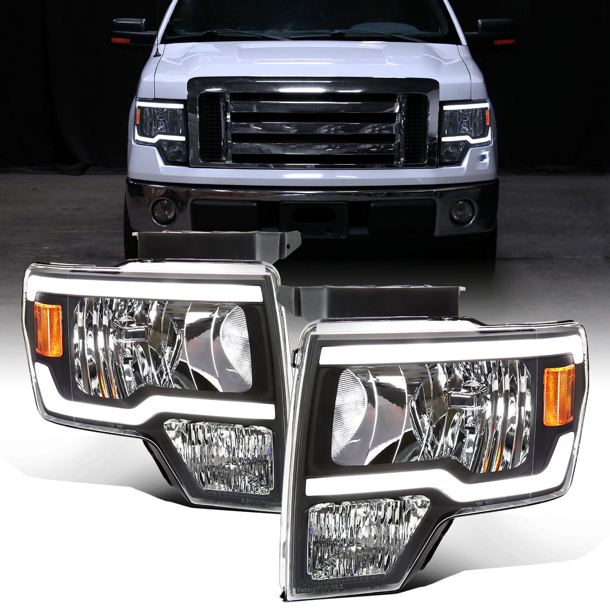 Ronnin - Fits 2009-2014 Ford F150 Upgraded LED Running Tube Lights Headlights Replacement Assembly Pair | Black