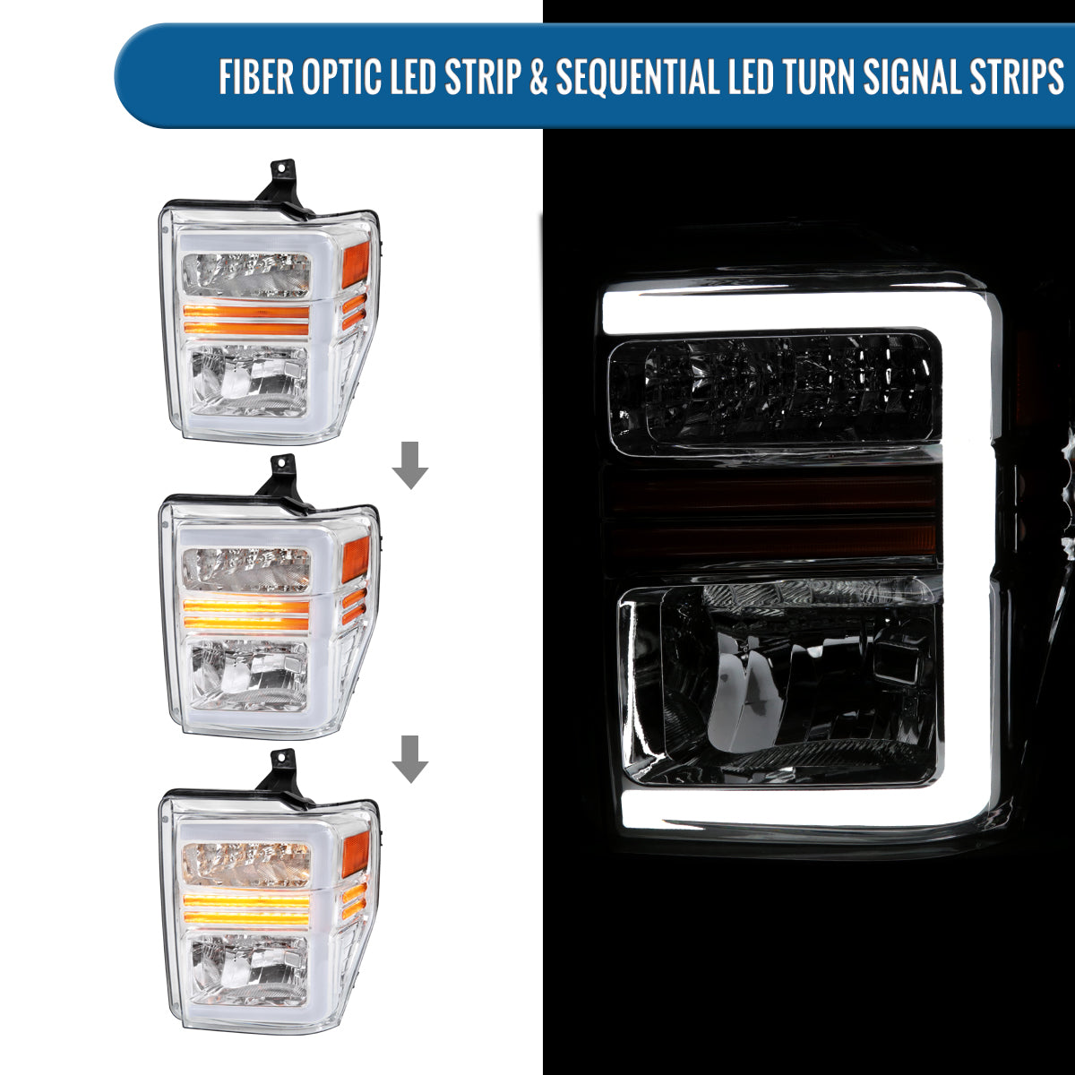 Ronnin - Fits 2008-2010 Ford F250 F350 F450 F550 Super Duty Pickup Halogen Headlights LED Sequential Turn Signal Tubes Assembly Pair | Chrome