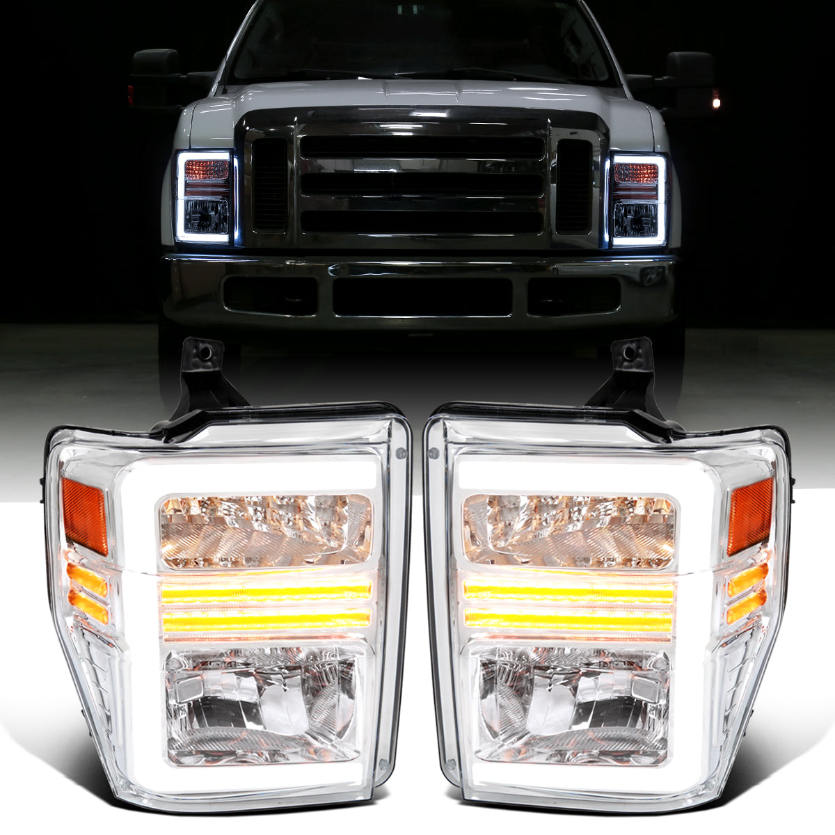 Ronnin - Fits 2008-2010 Ford F250 F350 F450 F550 Super Duty Pickup Halogen Headlights LED Sequential Turn Signal Tubes Assembly Pair | Chrome
