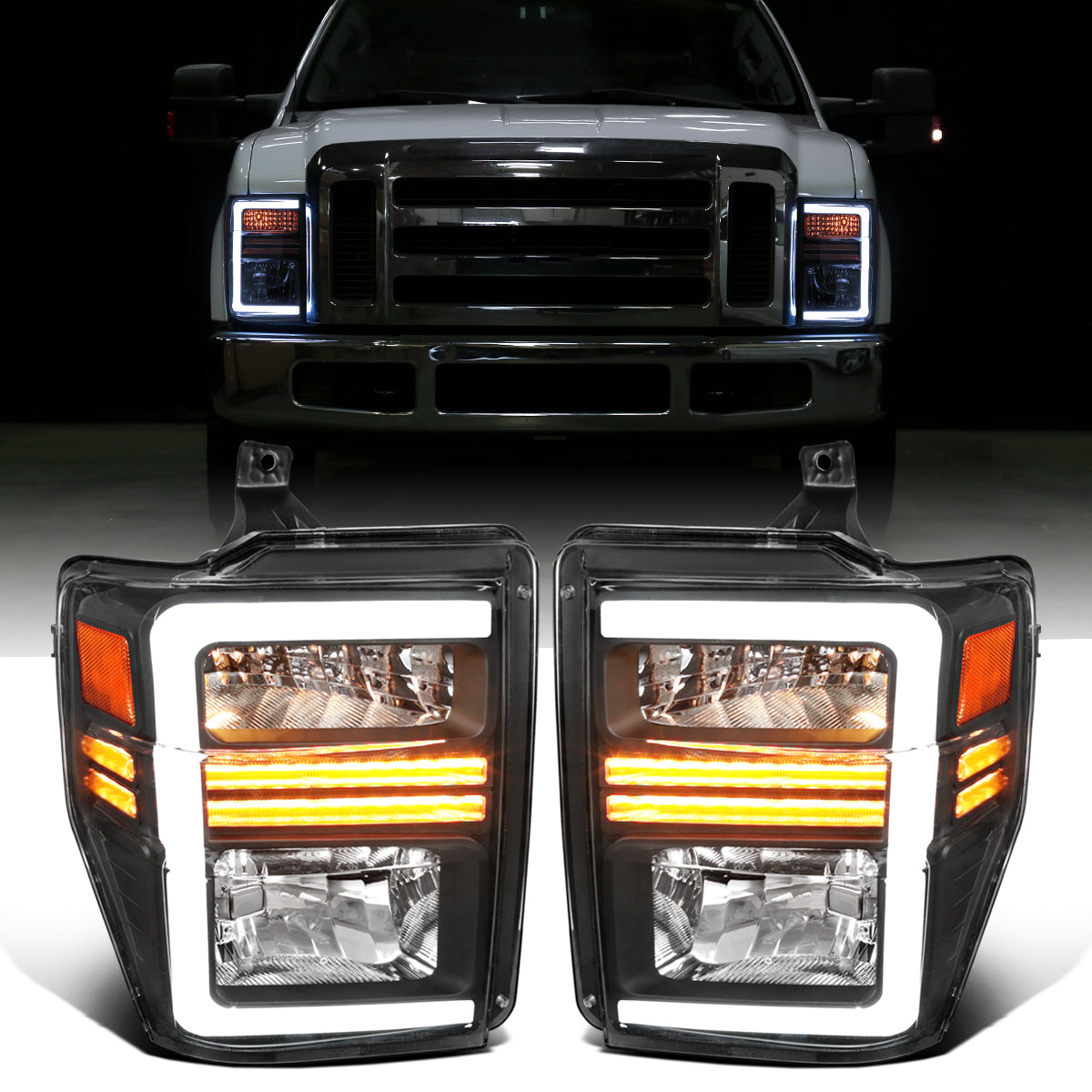 Ronnin - Fits 2008-2010 Ford F250 F350 F450 F550 Super Duty Pickup Halogen Headlights LED Sequential Turn Signal Tubes Assembly Pair | Black