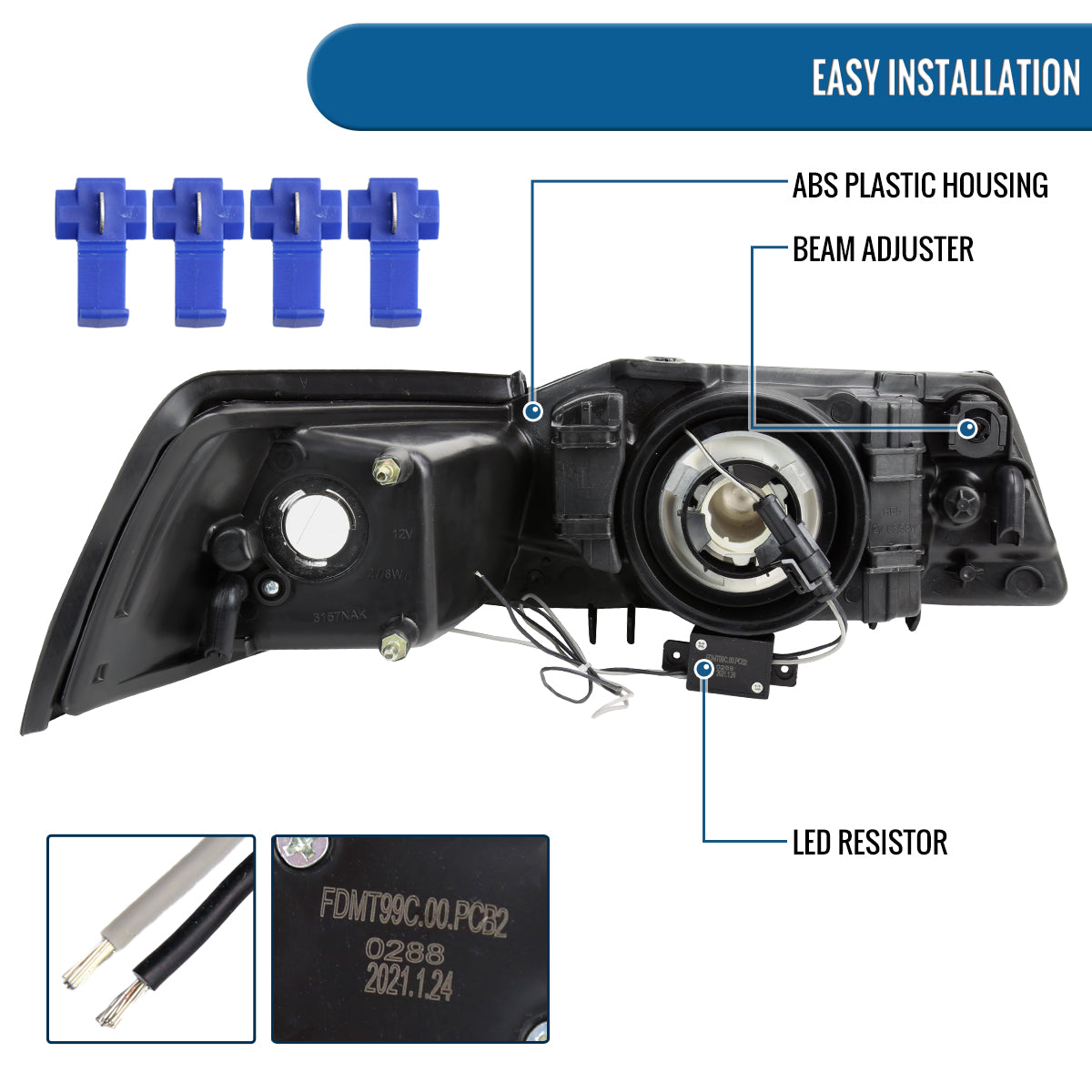 Ronnin - Fits 1999-2004 Ford Mustang Upgraded LED Running Tube Lights Headlights Replacement Assembly | Black