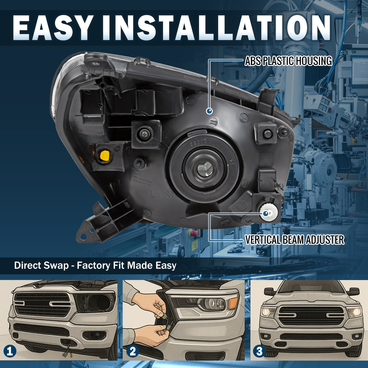 Ronnin - Fits 2001-2003 Toyota RAV4 Factory Replacement Halogen Headlights Assembly Pair | Chrome