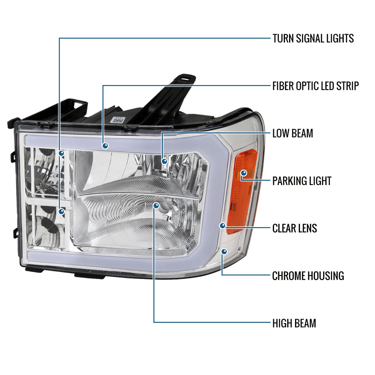 Ronnin - Fits 2007-2013 GMC Sierra 1500 2500HD 3500HD Upgraded LED Running Tube Lights Headlights Replacement Assembly Pair | Chrome