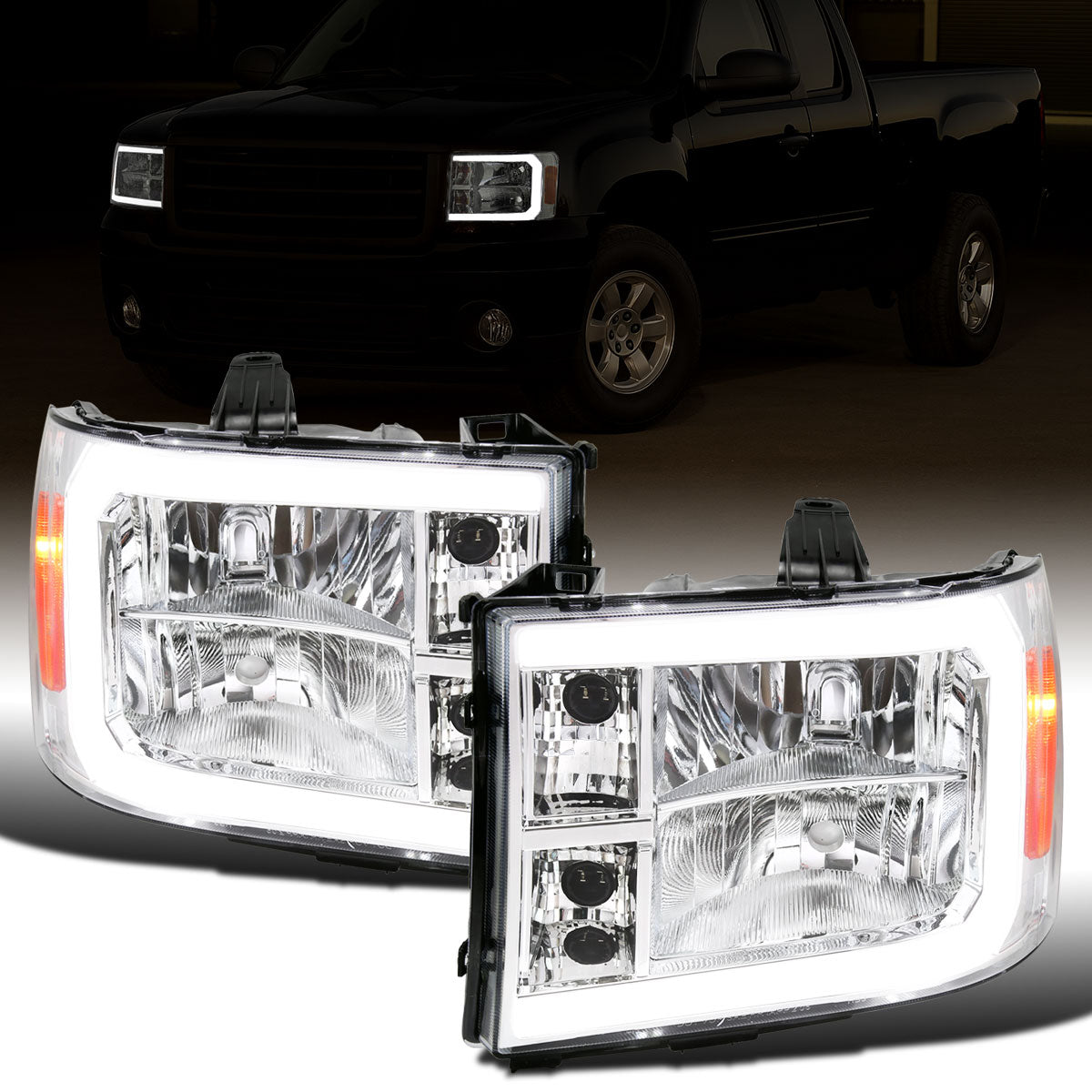 Ronnin - Fits 2007-2013 GMC Sierra 1500 2500HD 3500HD Upgraded LED Running Tube Lights Headlights Replacement Assembly Pair | Chrome