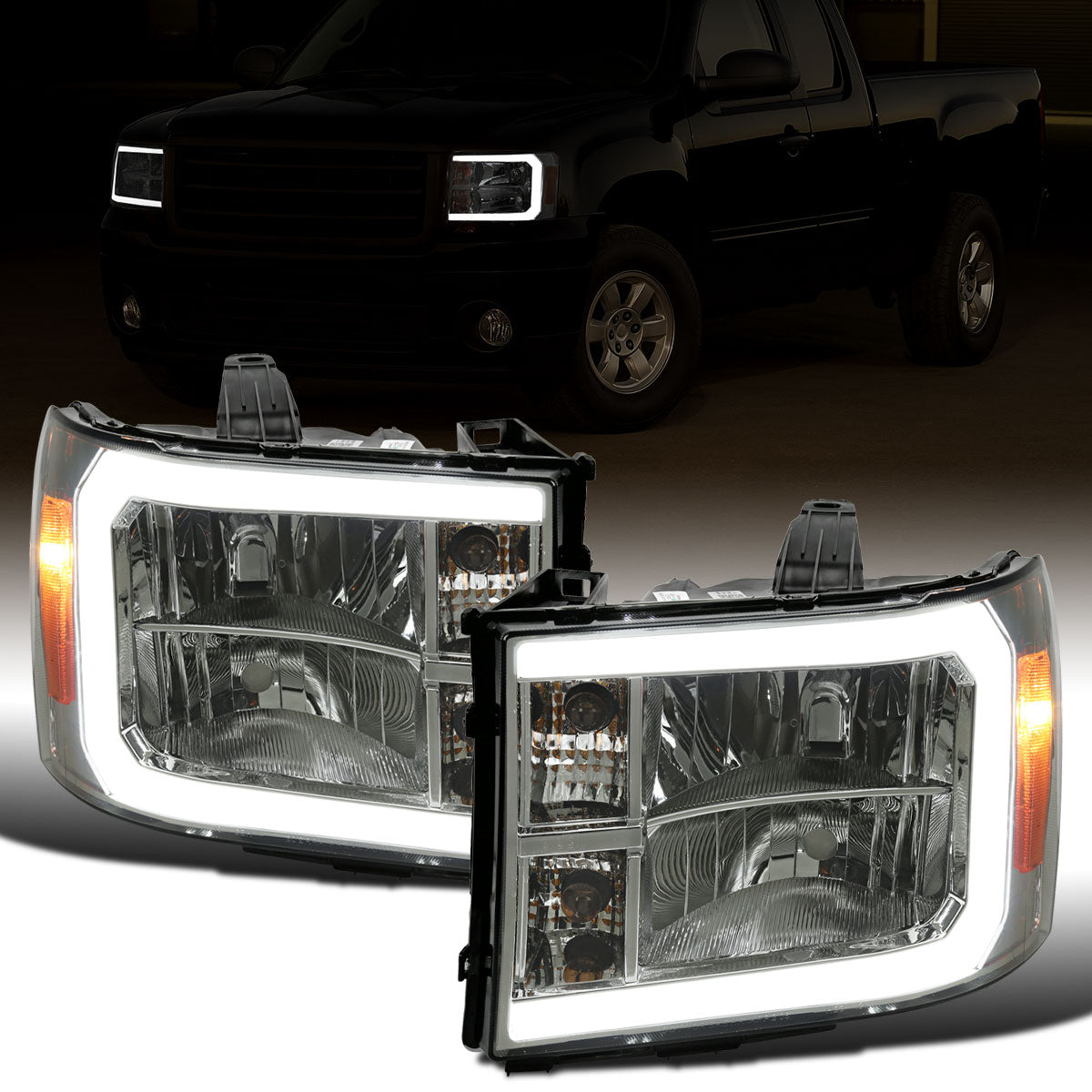 Ronnin - Fits 2007-2013 GMC Sierra 1500 2500HD 3500HD Upgraded LED Running Tube Lights Headlights Replacement Assembly Pair | Smoke