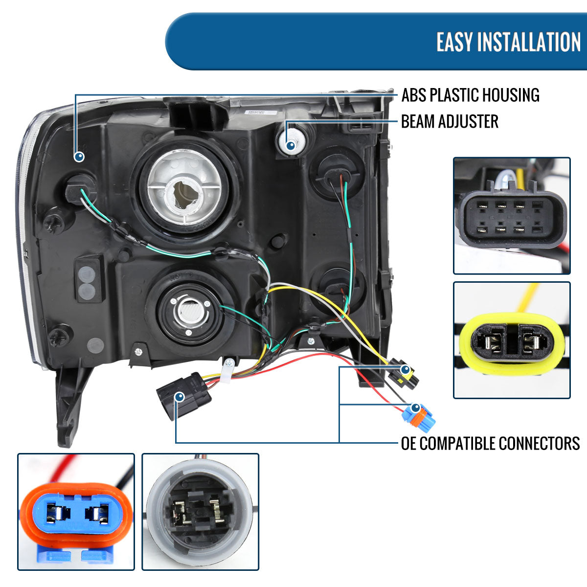 Ronnin - Fits 2007-2013 GMC Sierra 1500 2500HD 3500HD Upgraded LED Running Tube Lights Headlights Replacement Assembly Pair | Black