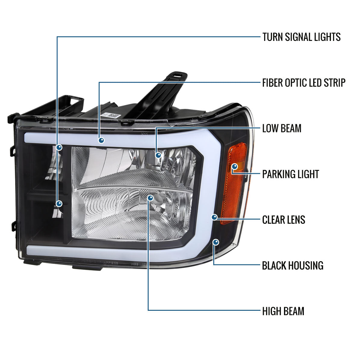 Ronnin - Fits 2007-2013 GMC Sierra 1500 2500HD 3500HD Upgraded LED Running Tube Lights Headlights Replacement Assembly Pair | Black