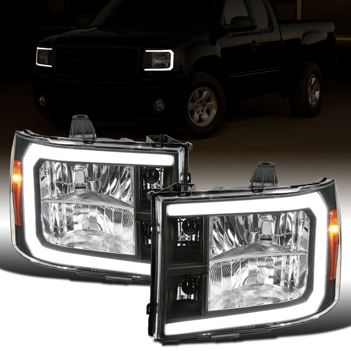 Ronnin - Fits 2007-2013 GMC Sierra 1500 2500HD 3500HD Upgraded LED Running Tube Lights Headlights Replacement Assembly Pair | Black