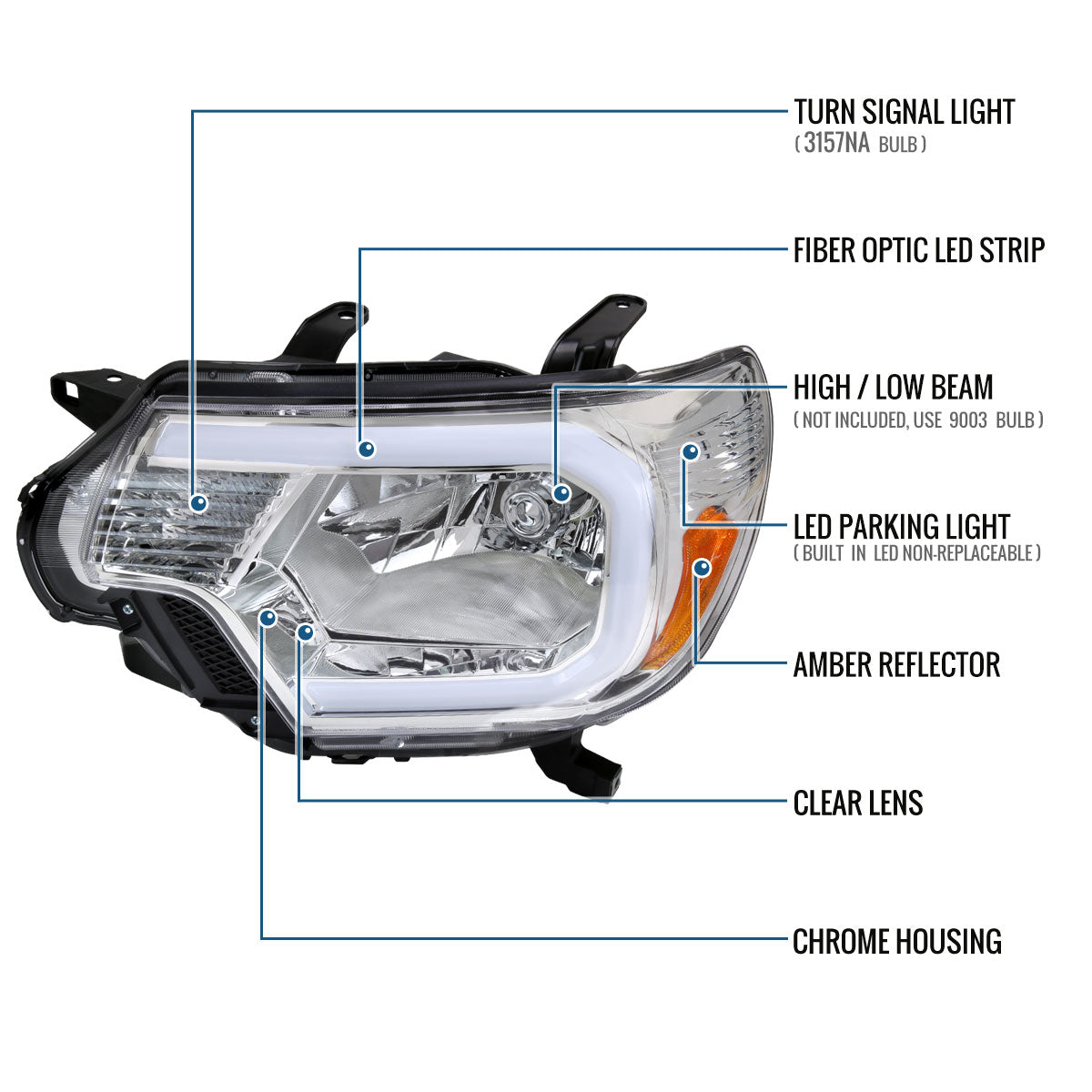 Ronnin - Fits 2012-2015 Toyota Tacoma Upgraded LED Running Tube Lights Headlights Replacement Assembly Pair | Chrome