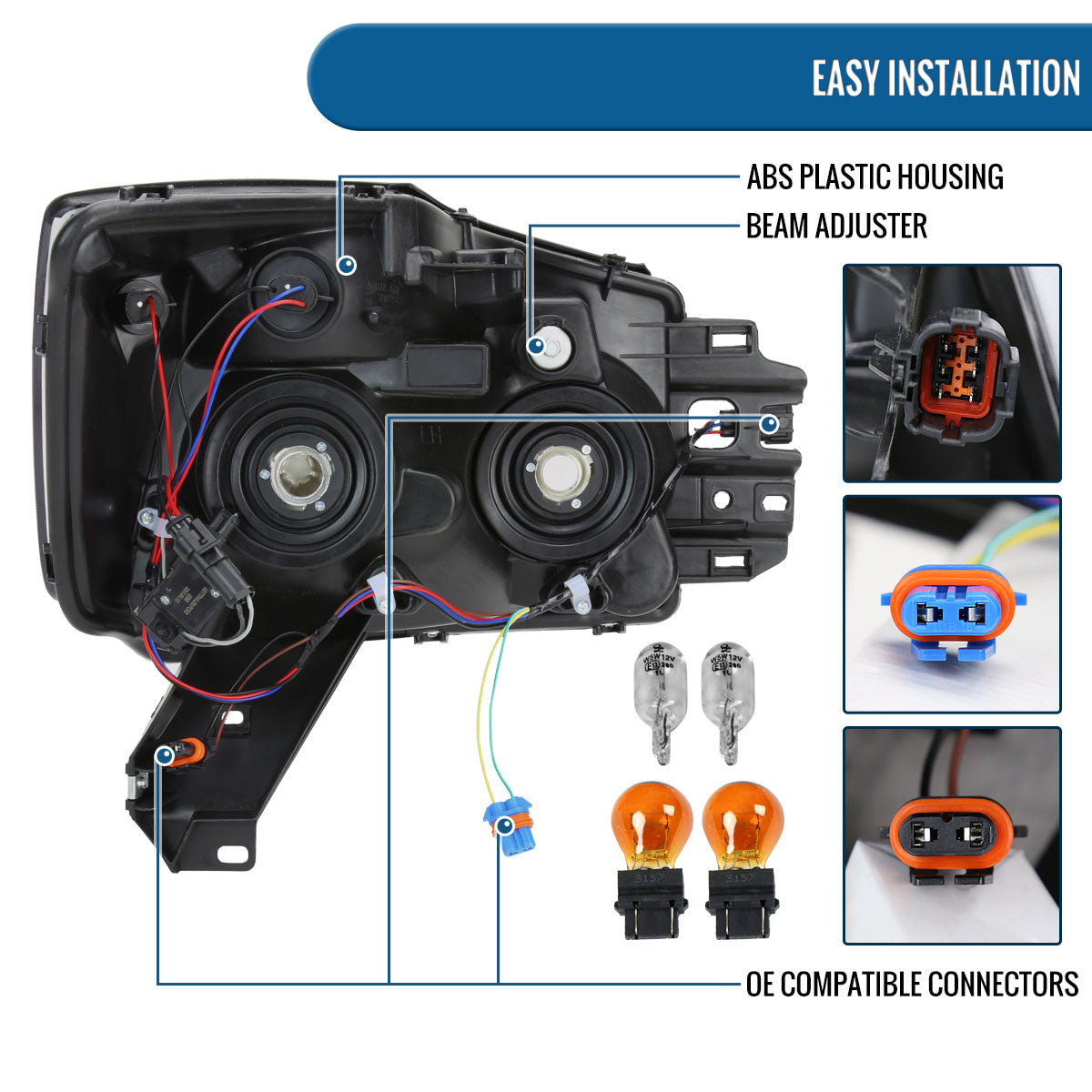 Ronnin - Fits 2004-2007 Nissan Armada 2004-2015 Titan Upgraded LED Running Tube Lights Headlights Replacement Assembly Pair | Smoke