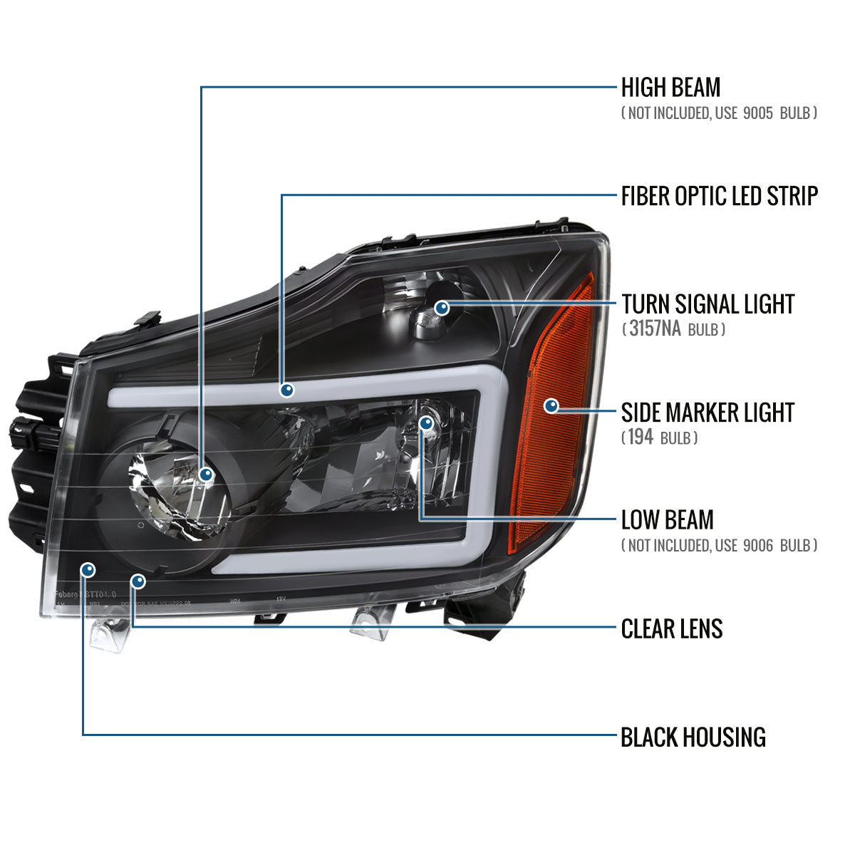 Ronnin - Fits 2004-2007 Nissan Armada 2004-2015 Titan Upgraded LED Running Tube Lights Headlights Replacement Assembly Pair | Black