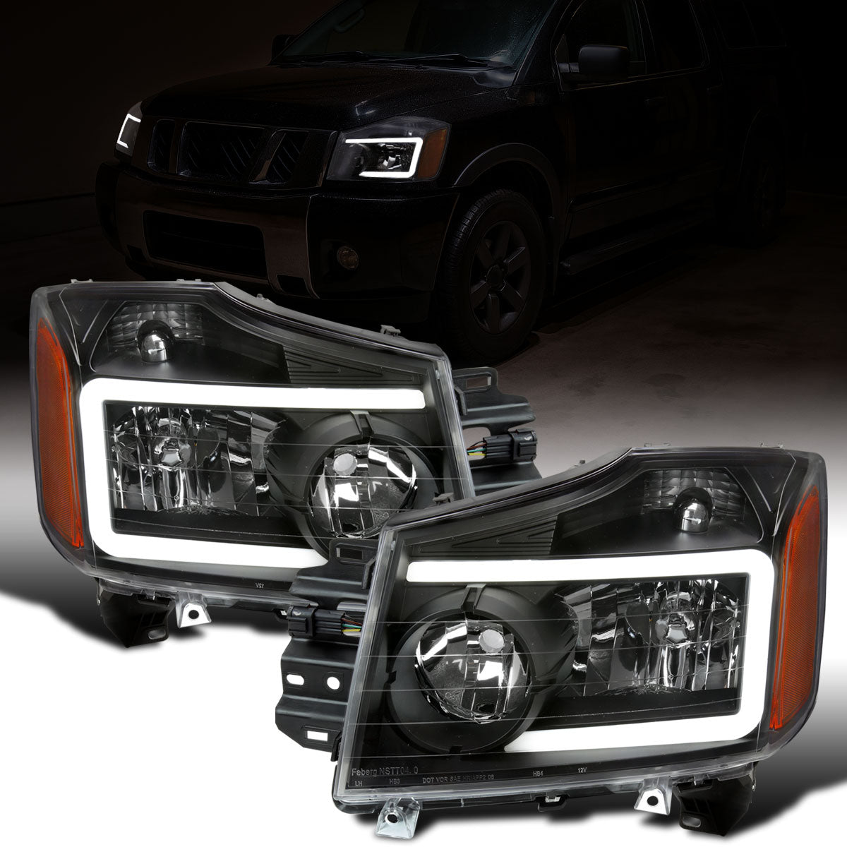 Ronnin - Fits 2004-2007 Nissan Armada 2004-2015 Titan Upgraded LED Running Tube Lights Headlights Replacement Assembly Pair | Black