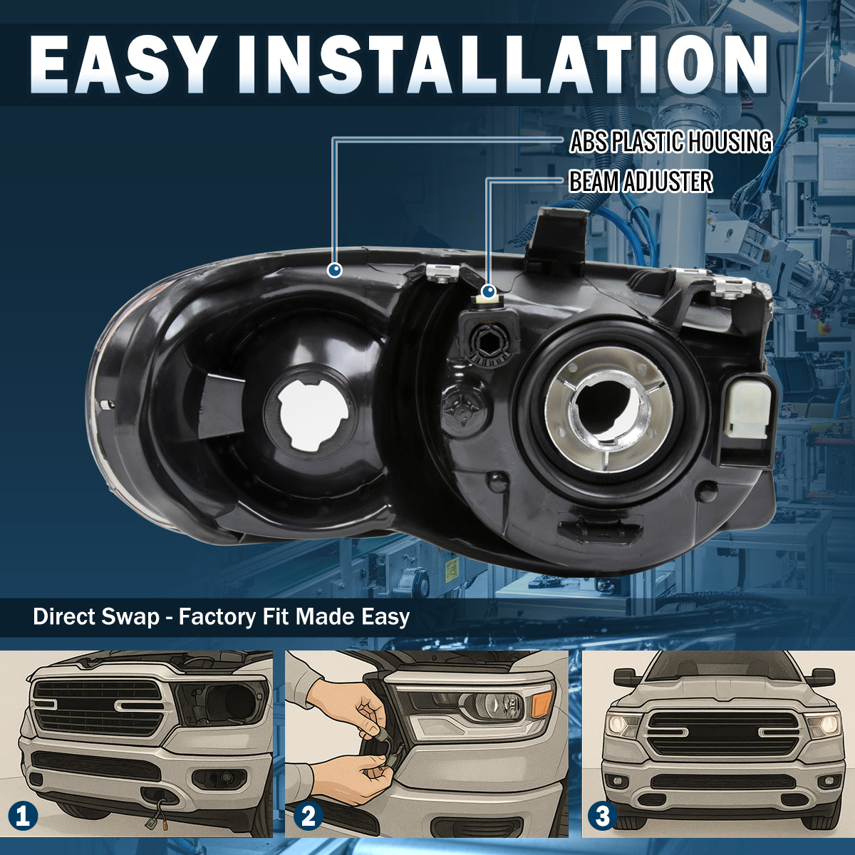 Ronnin - Fits 2005-2007 Chrysler Town & Country Factory Replacement Halogen Headlights Assembly Pair | Black