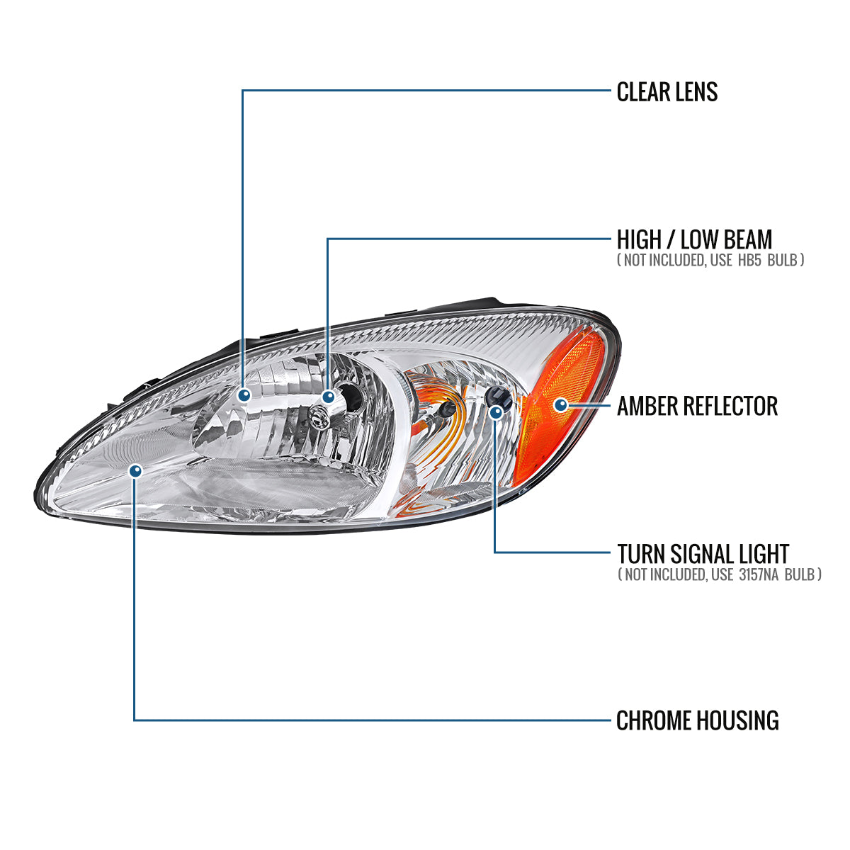 Ronnin - Fits 2000-2007 Ford Taurus Halogen Replacement Headlights Assembly Pair | Chrome