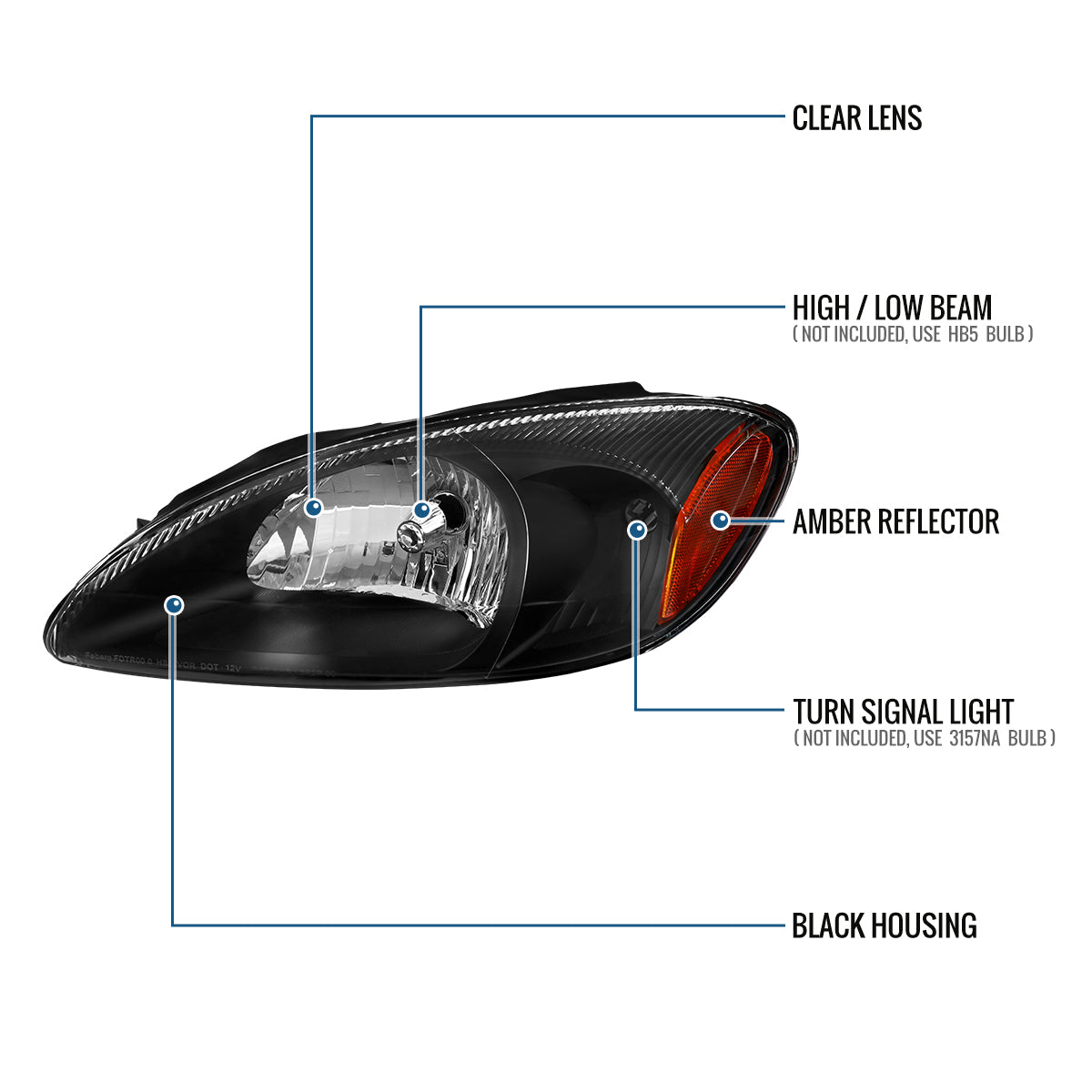 Ronnin - Fits 2000-2007 Ford Taurus Halogen Replacement Headlights Assembly Pair | Black