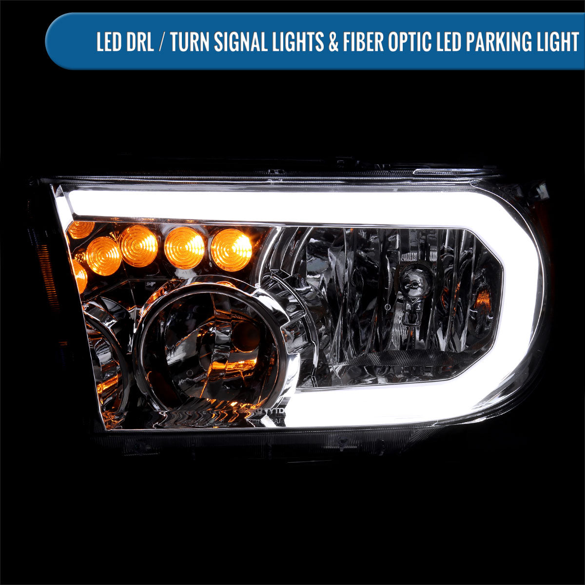 Ronnin - Fits 2007-2013 Toyota Tundra 2008-2017 Toyota Sequoia Upgraded Replacement LED DRL/Turn Signals Headlights Assembly Pair | Chrome