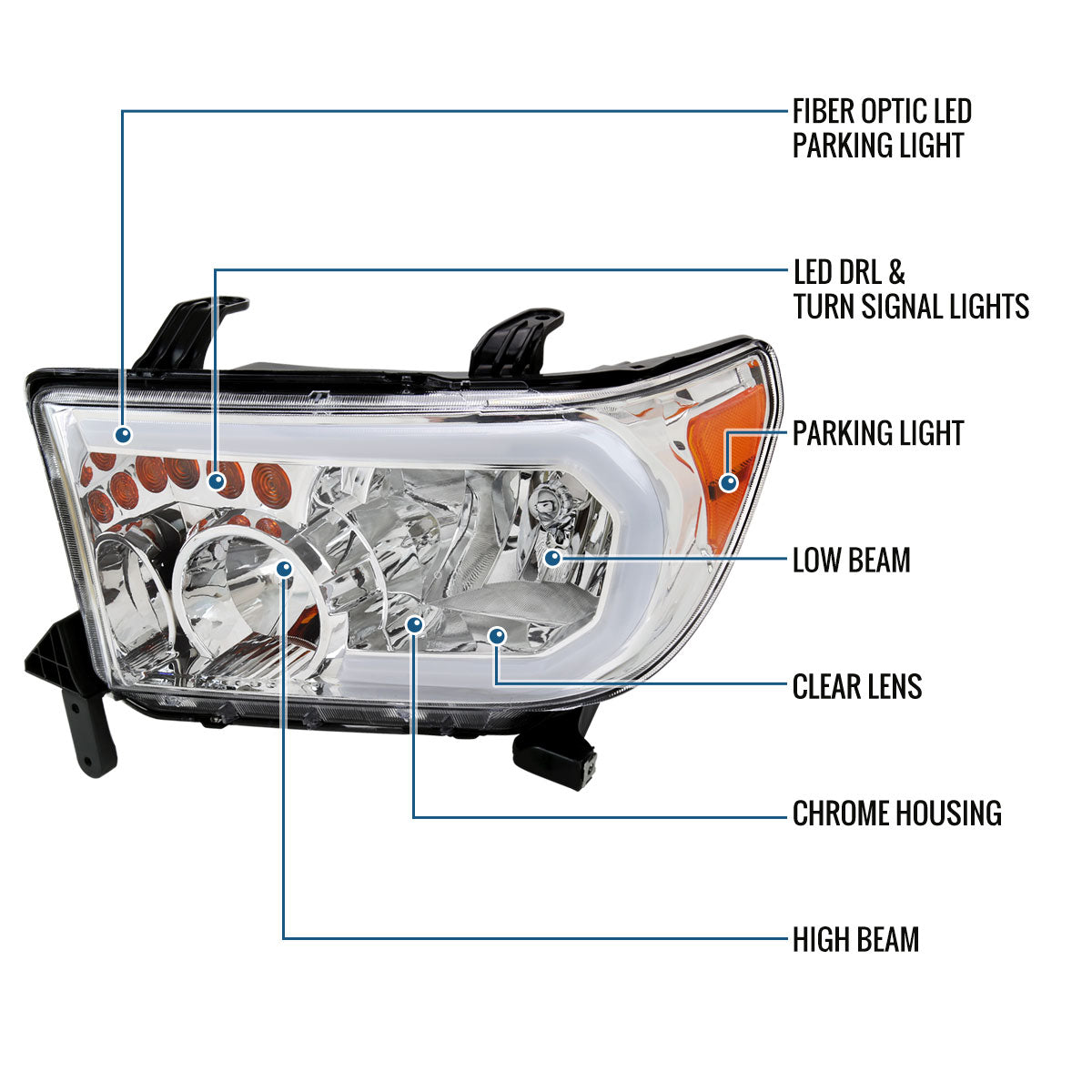 Ronnin - Fits 2007-2013 Toyota Tundra 2008-2017 Toyota Sequoia Upgraded Replacement LED DRL/Turn Signals Headlights Assembly Pair | Chrome