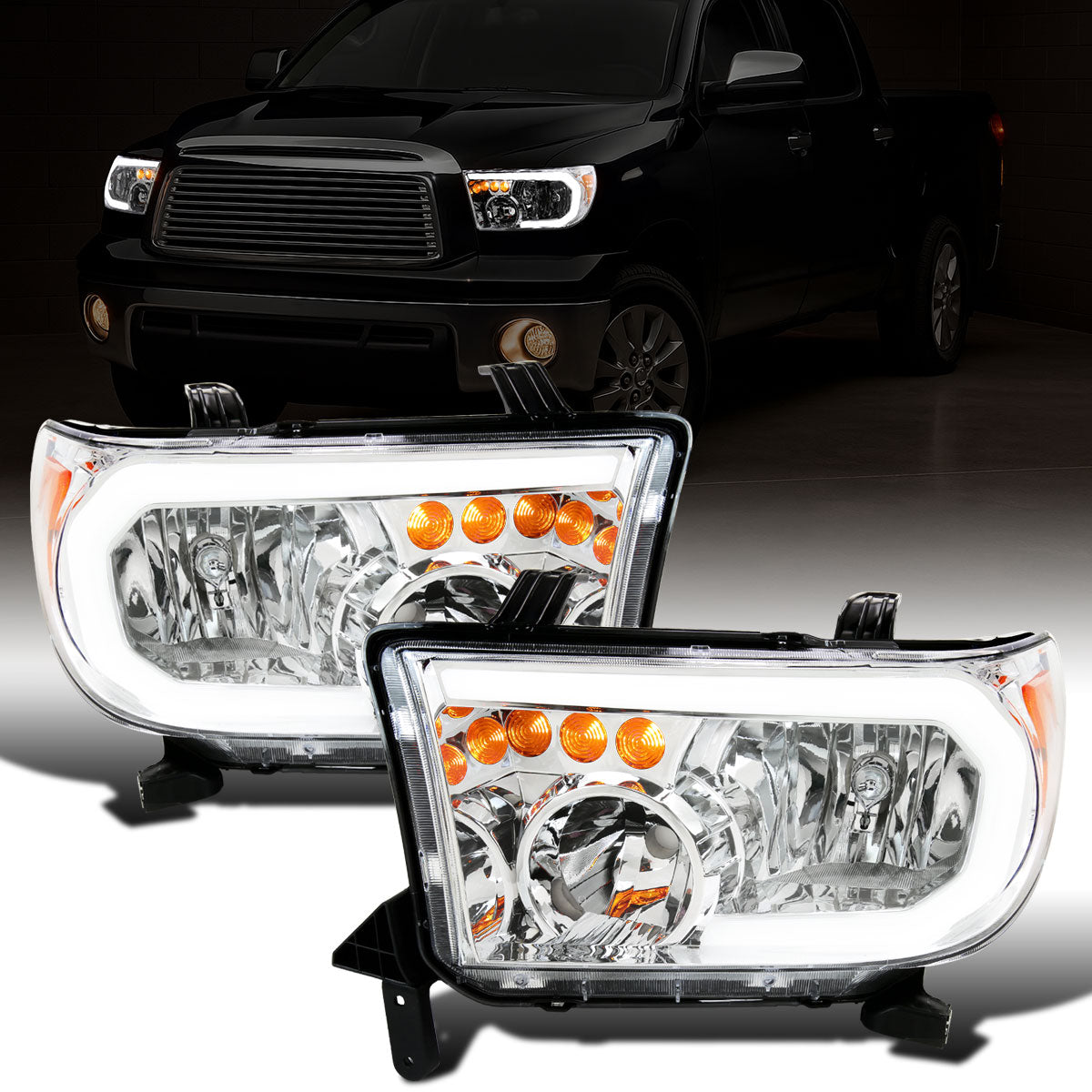 Ronnin - Fits 2007-2013 Toyota Tundra 2008-2017 Toyota Sequoia Upgraded Replacement LED DRL/Turn Signals Headlights Assembly Pair | Chrome