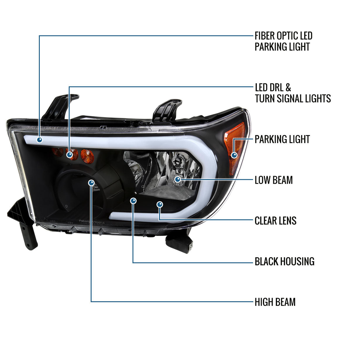 Ronnin - Fits 2007-2013 Toyota Tundra 2008-2017 Toyota Sequoia Upgraded Replacement LED DRL/Turn Signals Headlights Assembly Pair | Black