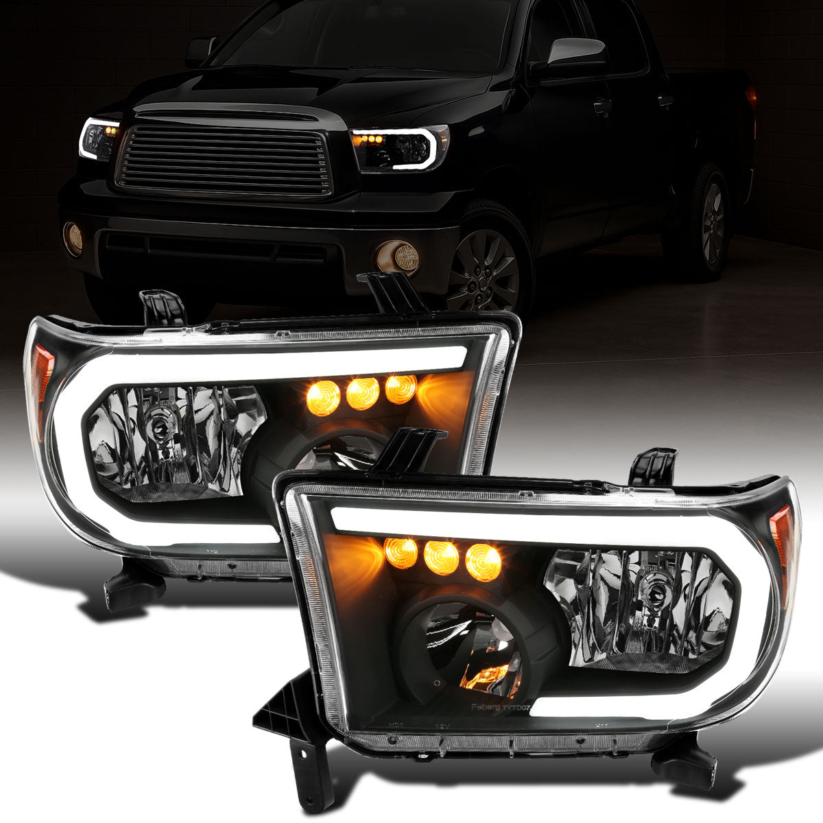 Ronnin - Fits 2007-2013 Toyota Tundra 2008-2017 Toyota Sequoia Upgraded Replacement LED DRL/Turn Signals Headlights Assembly Pair | Black