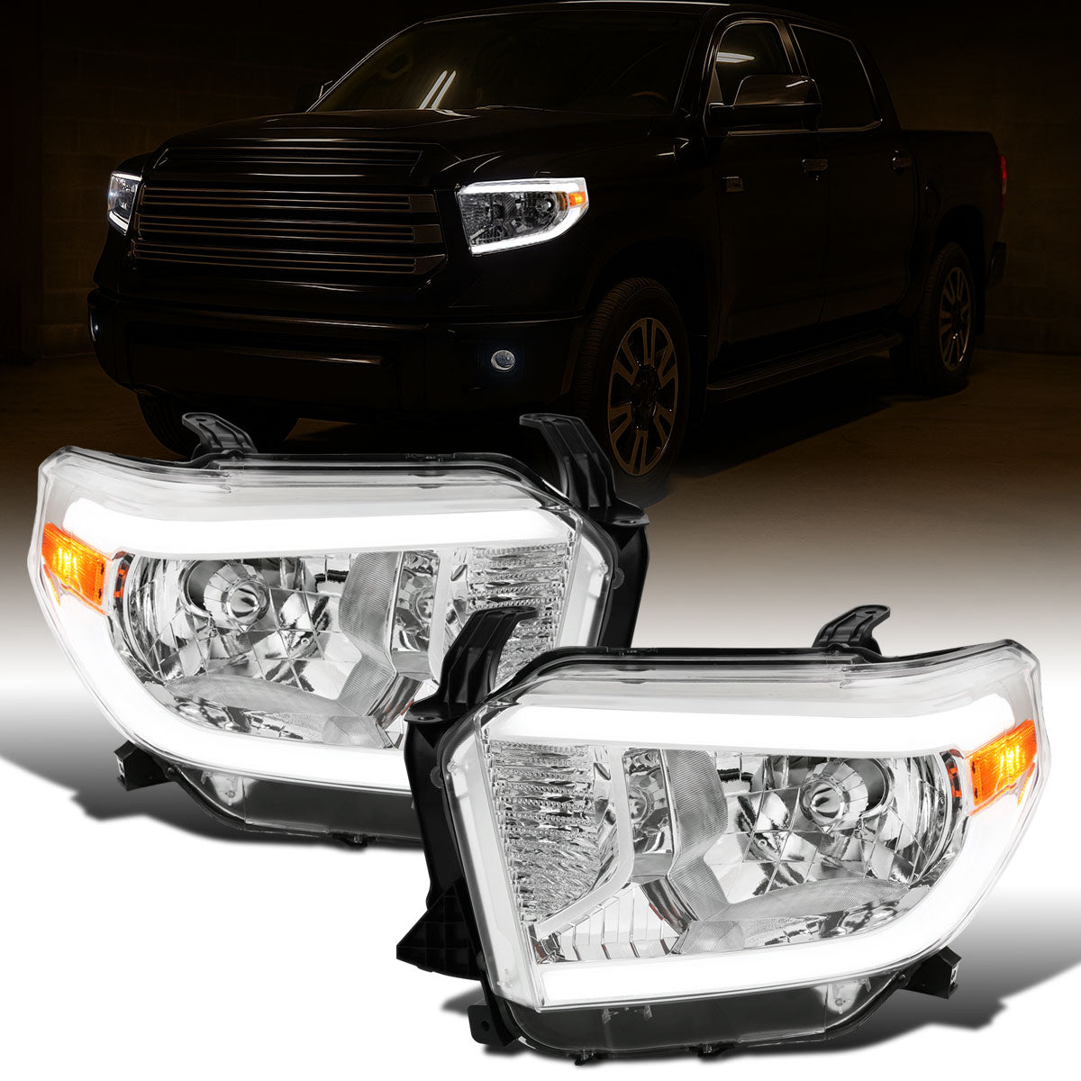 Ronnin - Fits 2014-2021 Toyota Tundra Upgraded Replacement LED Running Light Tube Halogen Headlights Assembly Pair | Chrome