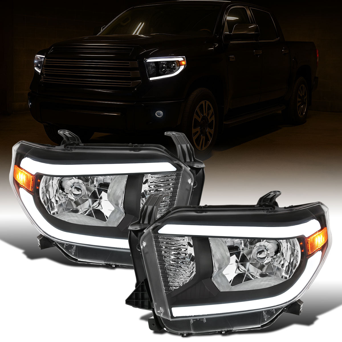 Ronnin - Fits 2014-2021 Toyota Tundra Upgraded Replacement LED Running Light Tube Halogen Headlights Assembly Pair | Black
