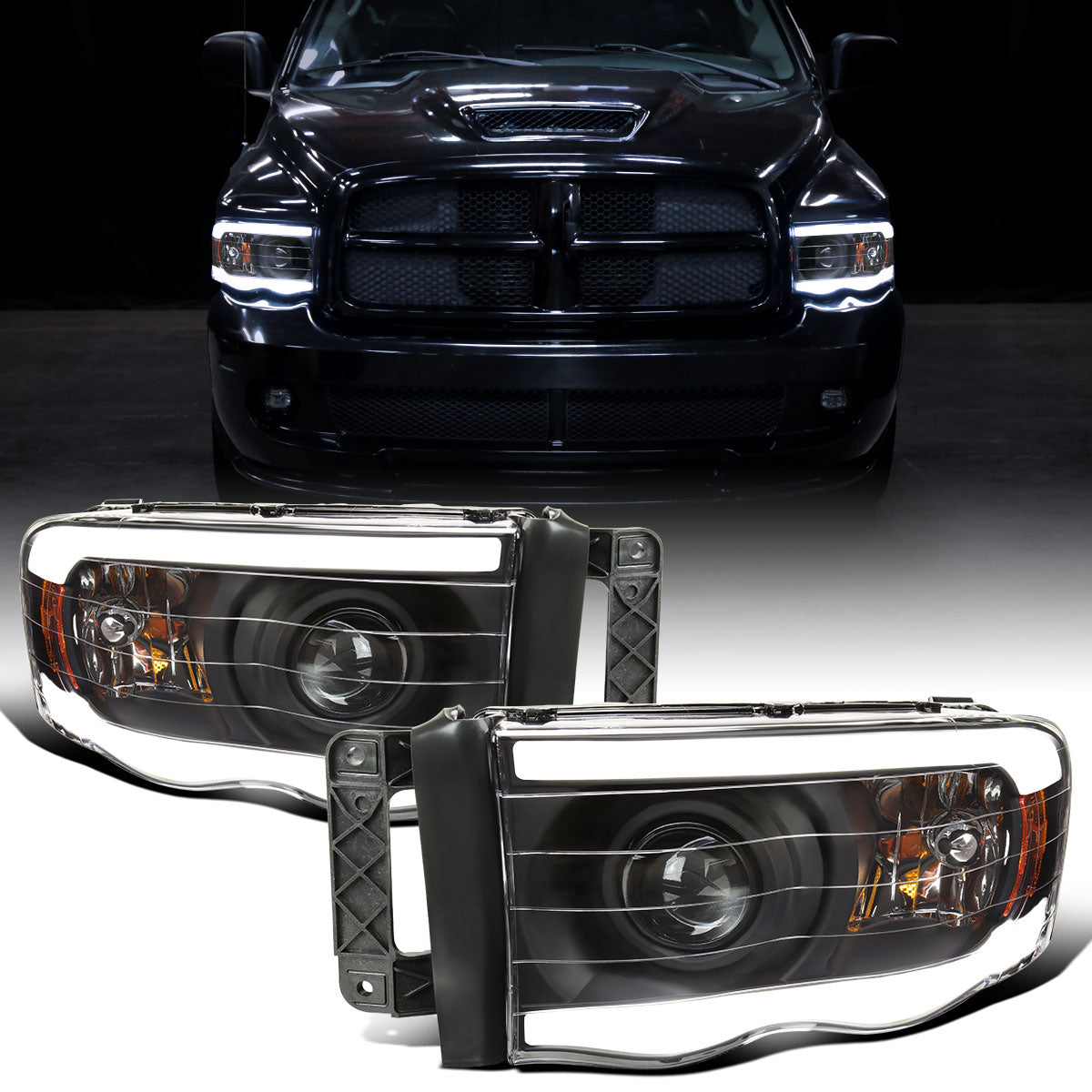 Ronnin - Fits 2002-2005 Dodge Ram 1500 2500 3500 Upgraded LED Tube Running Lights Projector Headlights Replacement Assembly Pair | Black