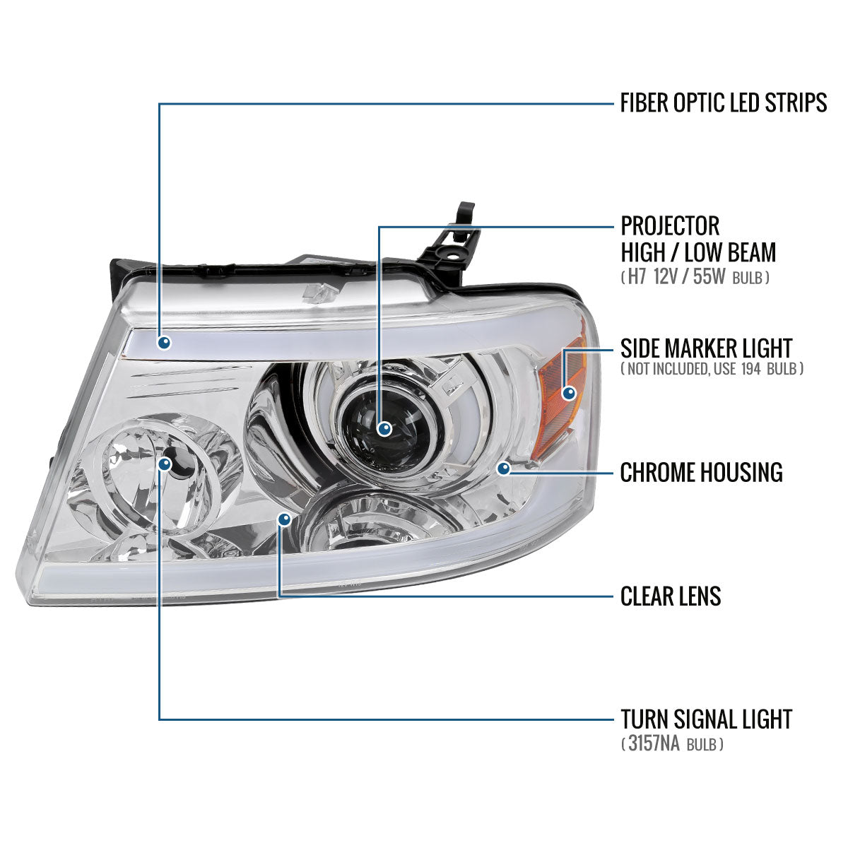 Ronnin - Fits 2004-2008 Ford F150 2006-2008 Lincoln Mark LT LED Tube Running Lights Projector Headlights Replacement Assembly Pair | Chrome