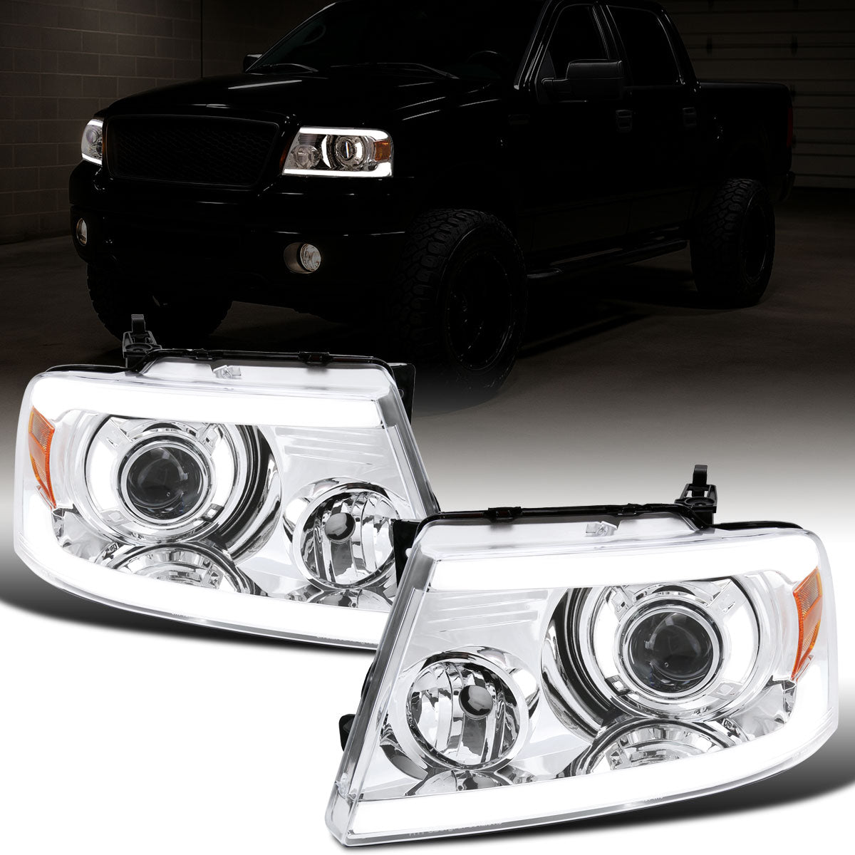 Ronnin - Fits 2004-2008 Ford F150 2006-2008 Lincoln Mark LT LED Tube Running Lights Projector Headlights Replacement Assembly Pair | Chrome