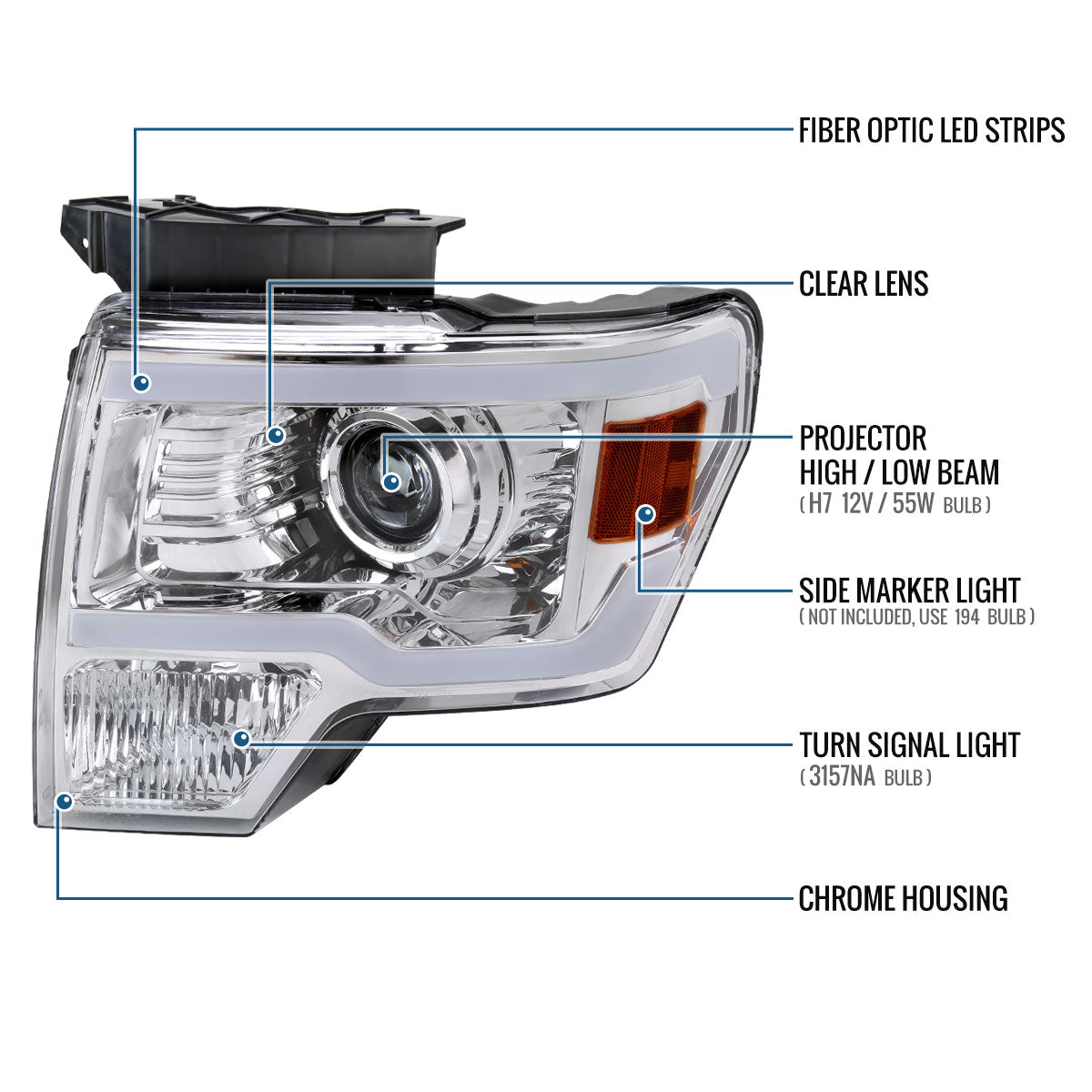 Ronnin - Fits 2009-2014 Ford F150 Upgraded LED Running Tube Lights Projector Headlights Replacement Assembly Pair | Chrome