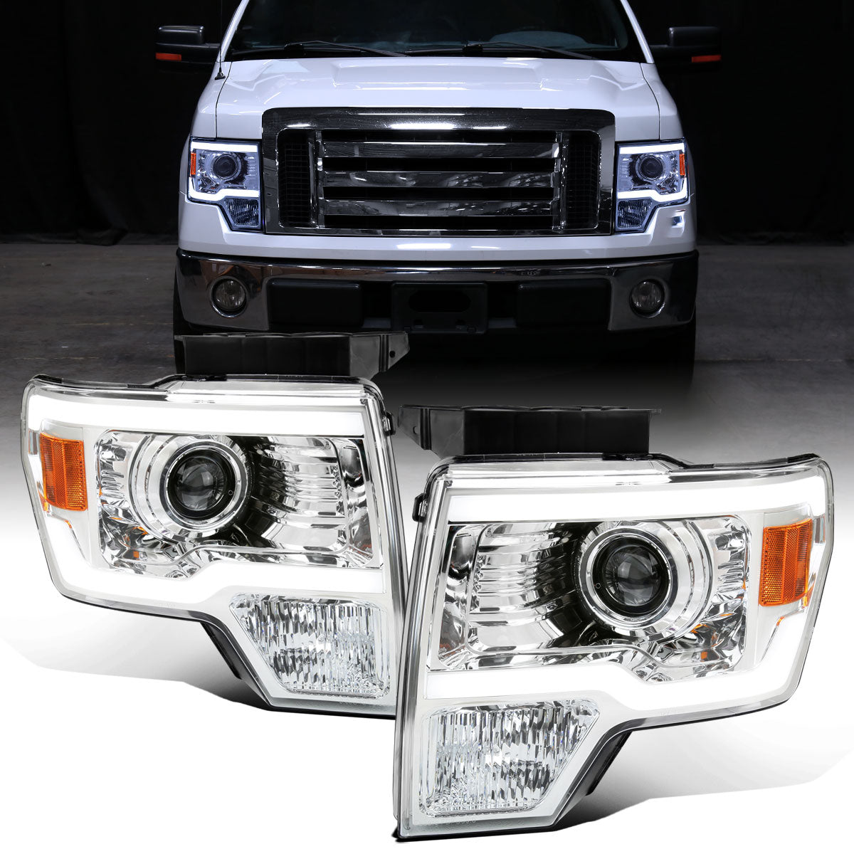 Ronnin - Fits 2009-2014 Ford F150 Upgraded LED Running Tube Lights Projector Headlights Replacement Assembly Pair | Chrome