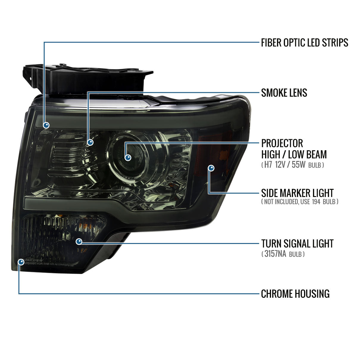Ronnin - Fits 2009-2014 Ford F150 Upgraded LED Running Tube Lights Projector Headlights Replacement Assembly Pair | Smoke
