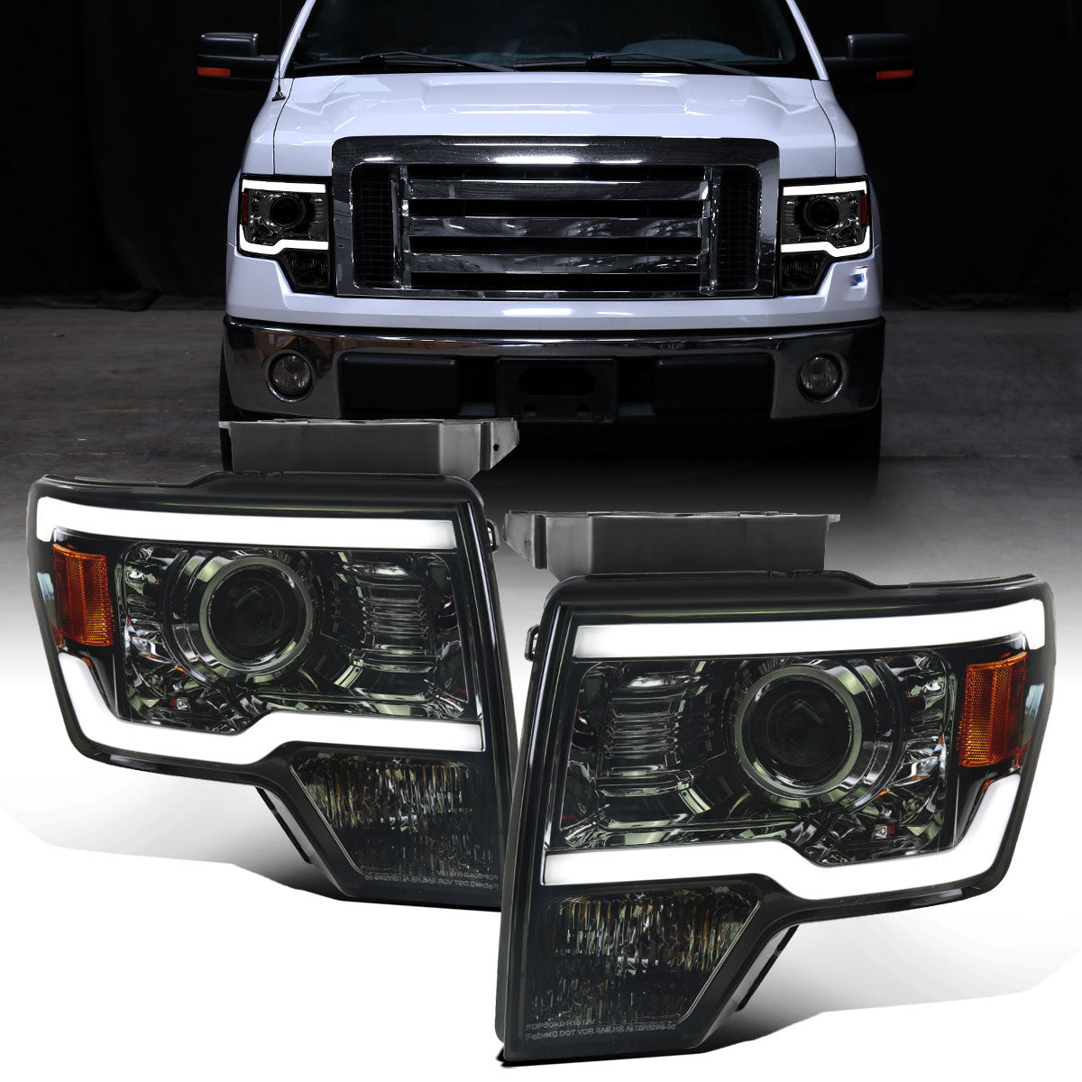 Ronnin - Fits 2009-2014 Ford F150 Upgraded LED Running Tube Lights Projector Headlights Replacement Assembly Pair | Smoke