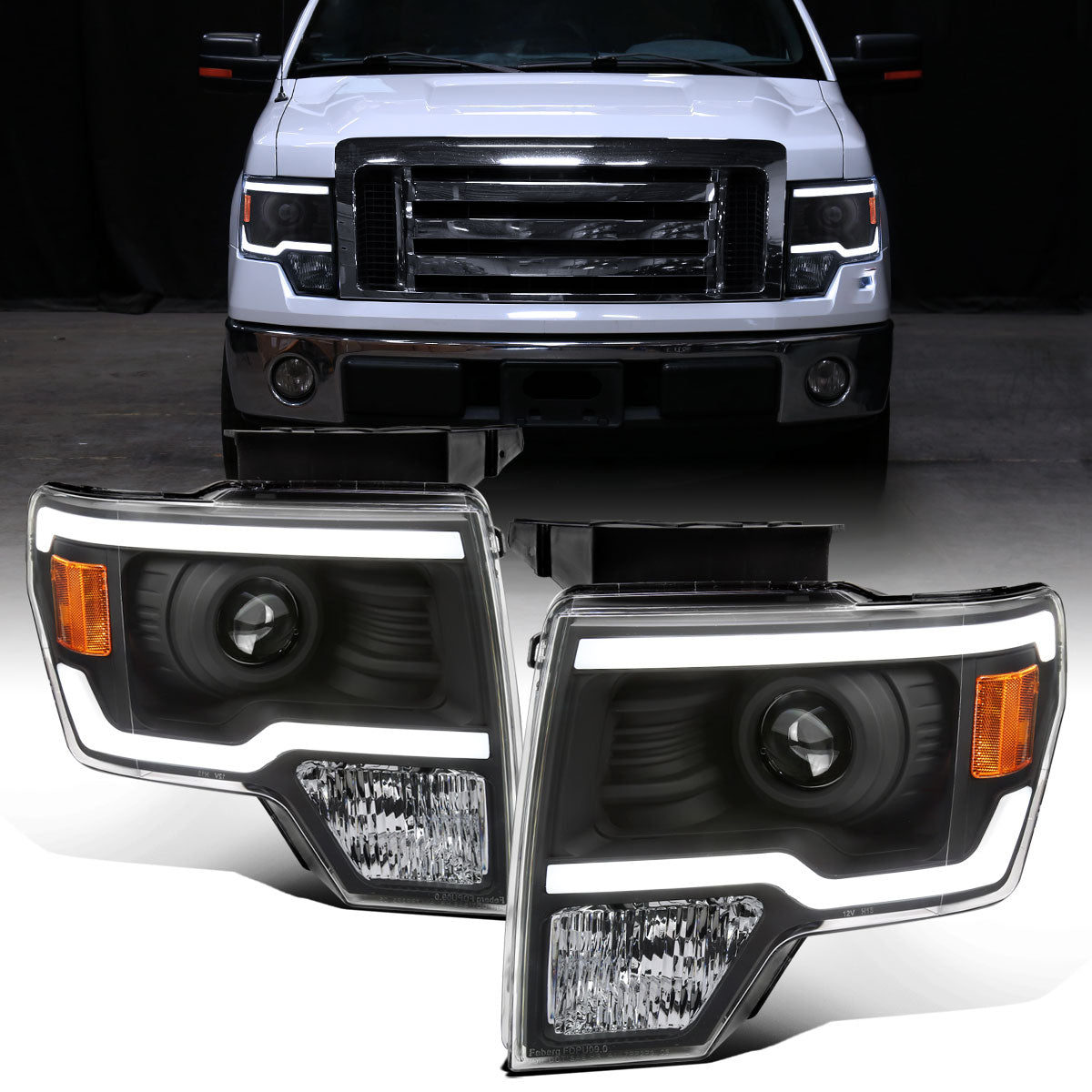 Ronnin - Fits 2009-2014 Ford F150 Upgraded LED Running Tube Lights Projector Headlights Replacement Assembly Pair | Black