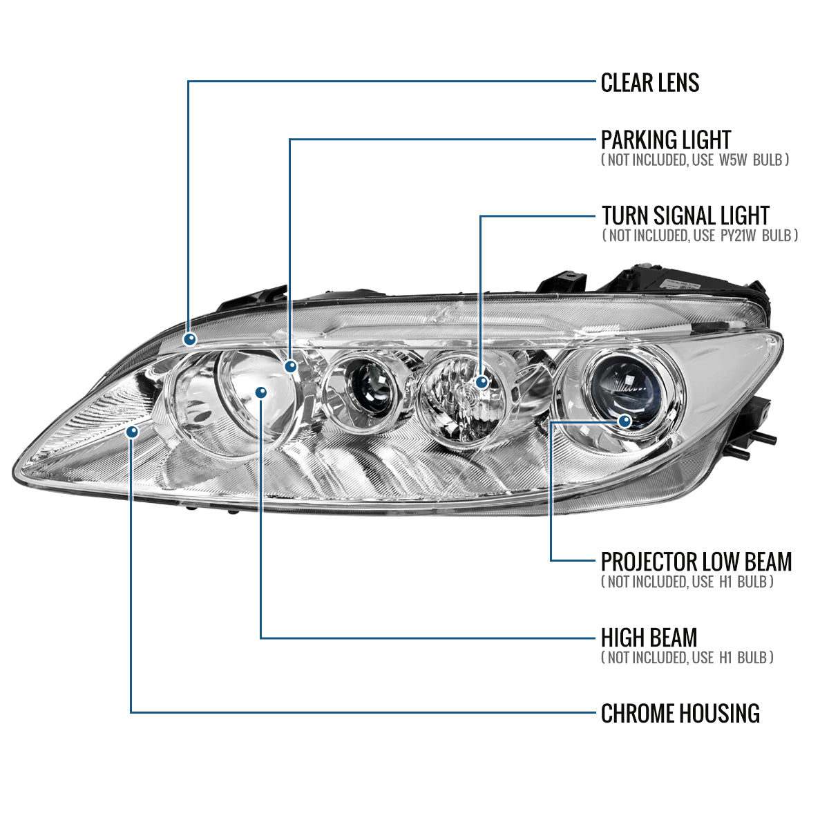 Ronnin - Fits 2003-2005 Mazda 6 Sedan Upgraded Replacement Projector Headlights Assembly Pair | Chrome